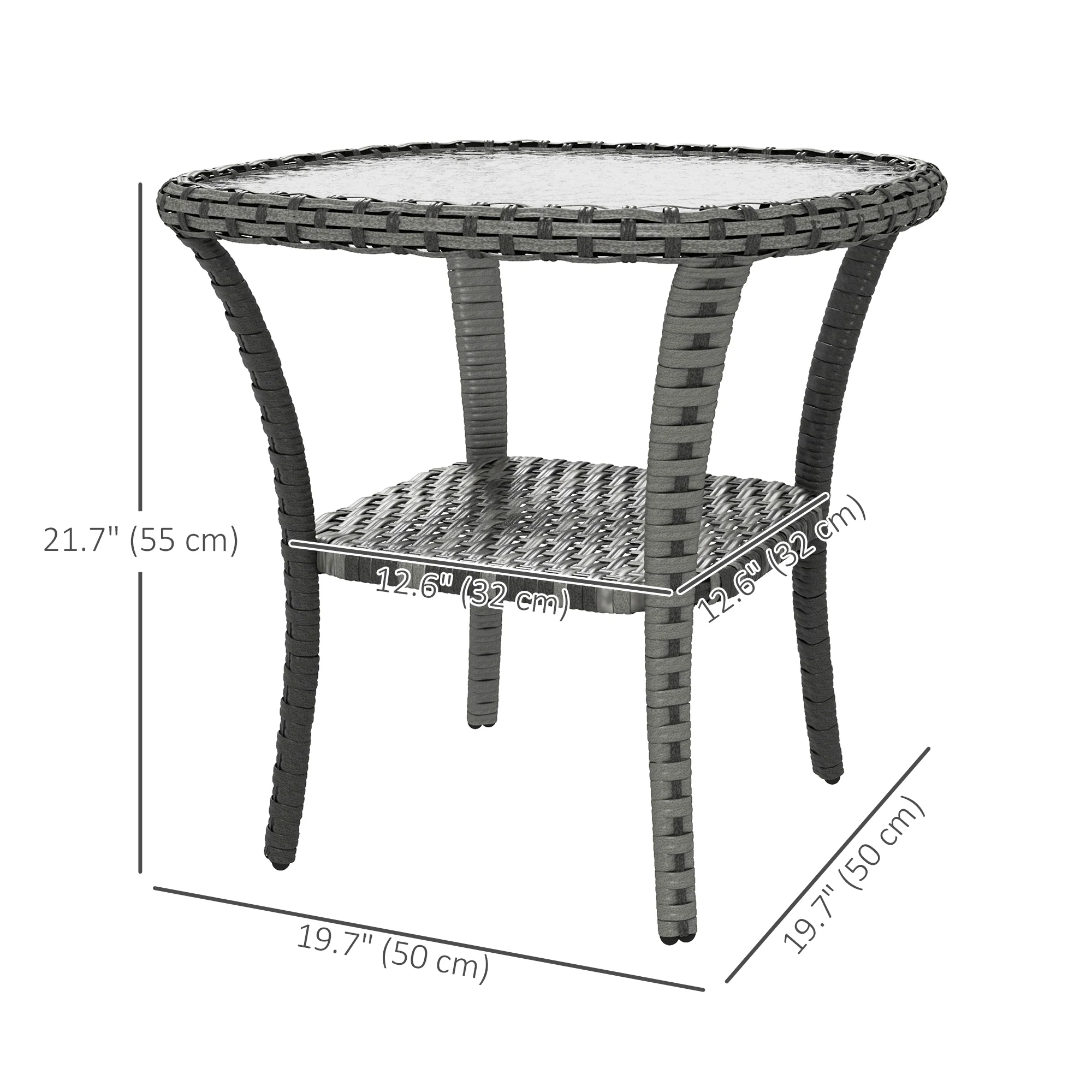 Outdoor Coffee Table with Storage Shelf, Hand-Woven Wicker Side Table with Water-Ripple Glass Top, Mix Grey - Image 5