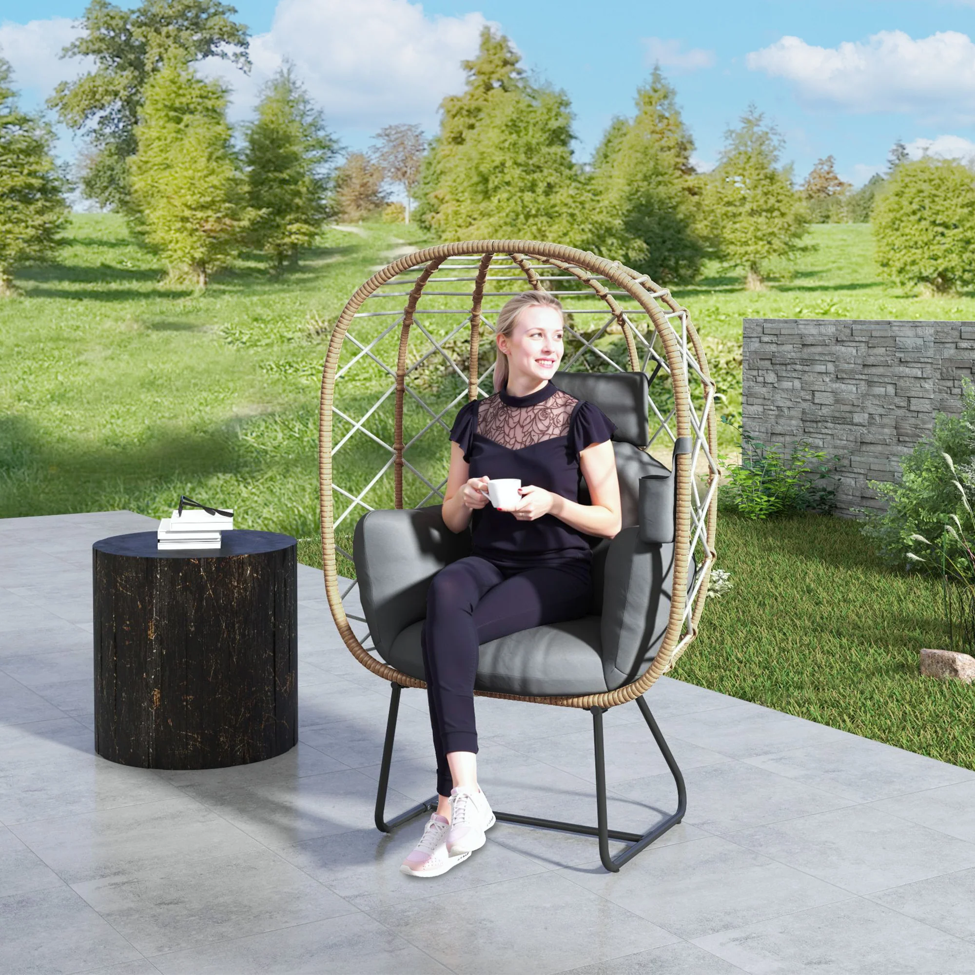 Rattan Egg Chair with Thickened Cushion, Headrest & Cup Holder for Patio, Balcony, Brown - Image 4