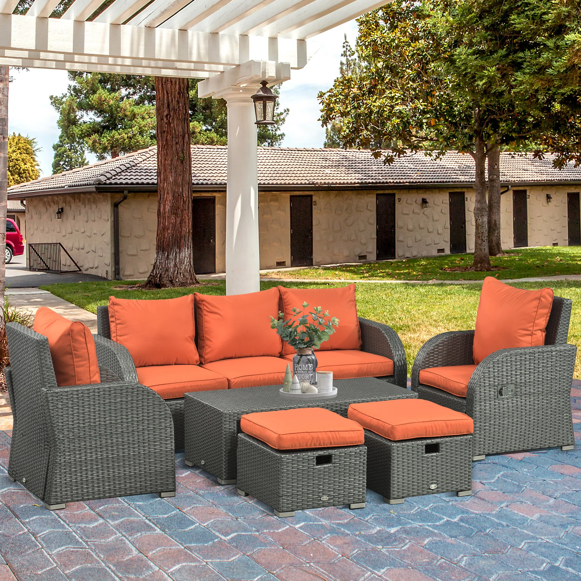 Rattan Garden Sofa Set w/ 3 Seater Sofa, Reclining Single Sofa, Coffee Table, Footstool, Orange - Image 3