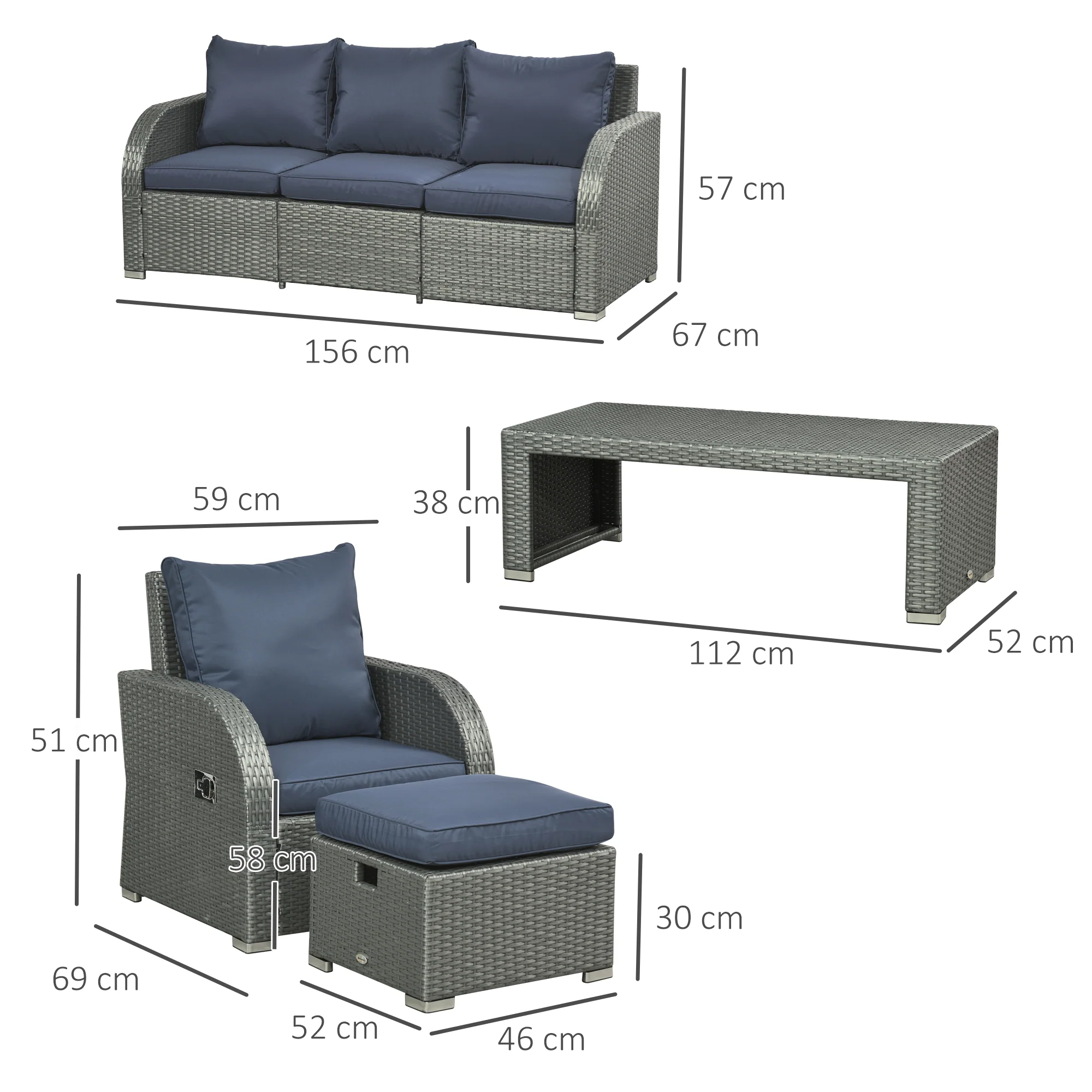 Rattan Garden Sofa Set w/ 3 Seater Sofa, Reclining Single Sofa, Coffee Table, Footstool, Blue - Image 5