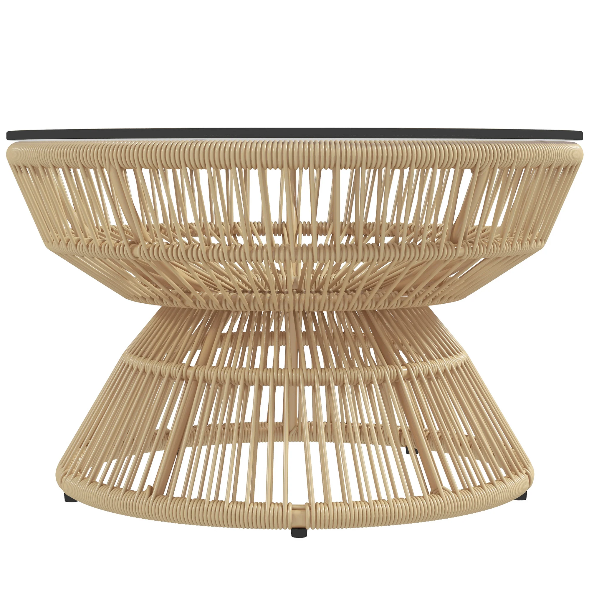 Rattan Outdoor Coffee Table, Patio End Table with Tempered Glass Tabletop & Steel Frame, Wicker Furniture, Nature Wood - Image 2