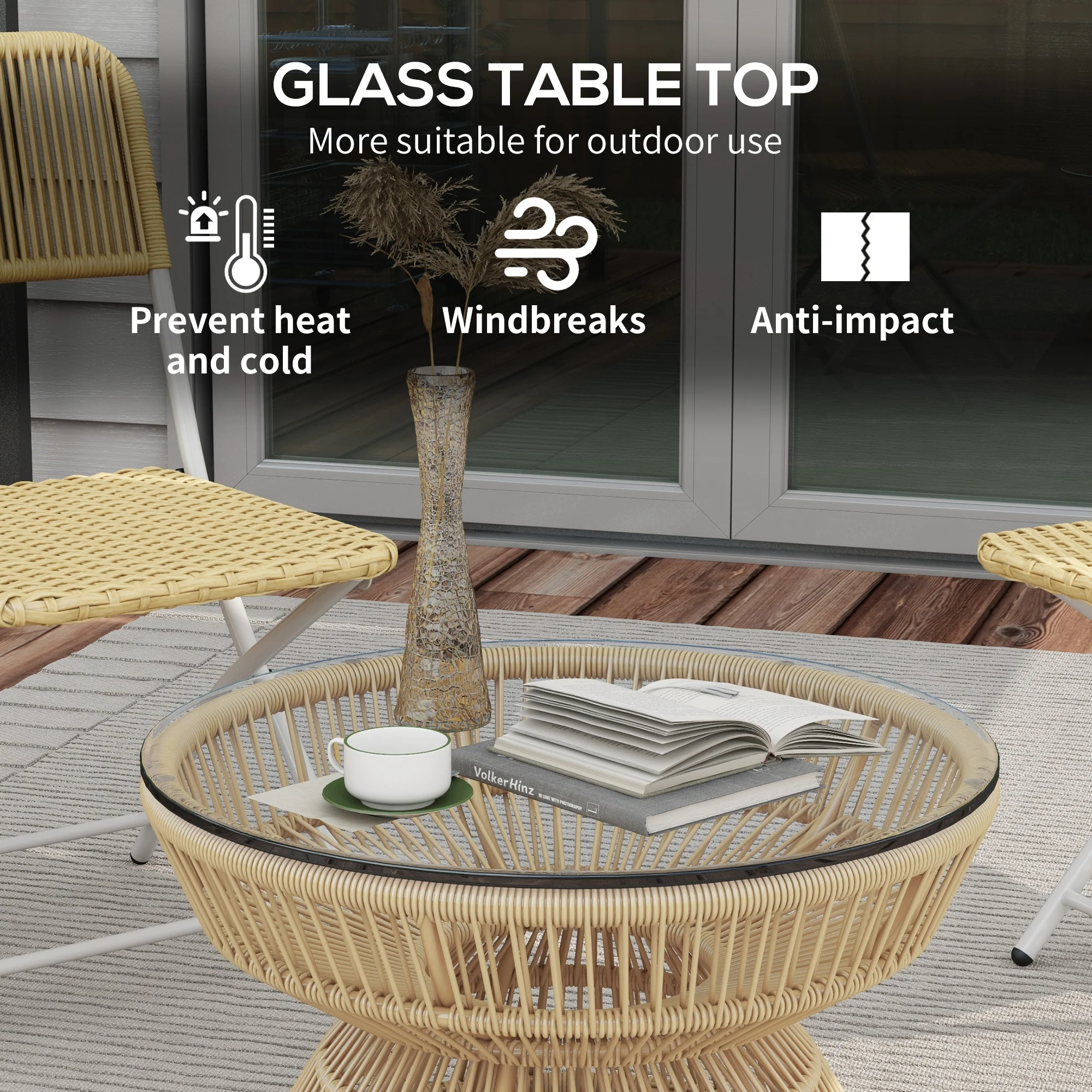 Rattan Outdoor Coffee Table, Patio End Table with Tempered Glass Tabletop & Steel Frame, Wicker Furniture, Nature Wood - Image 7