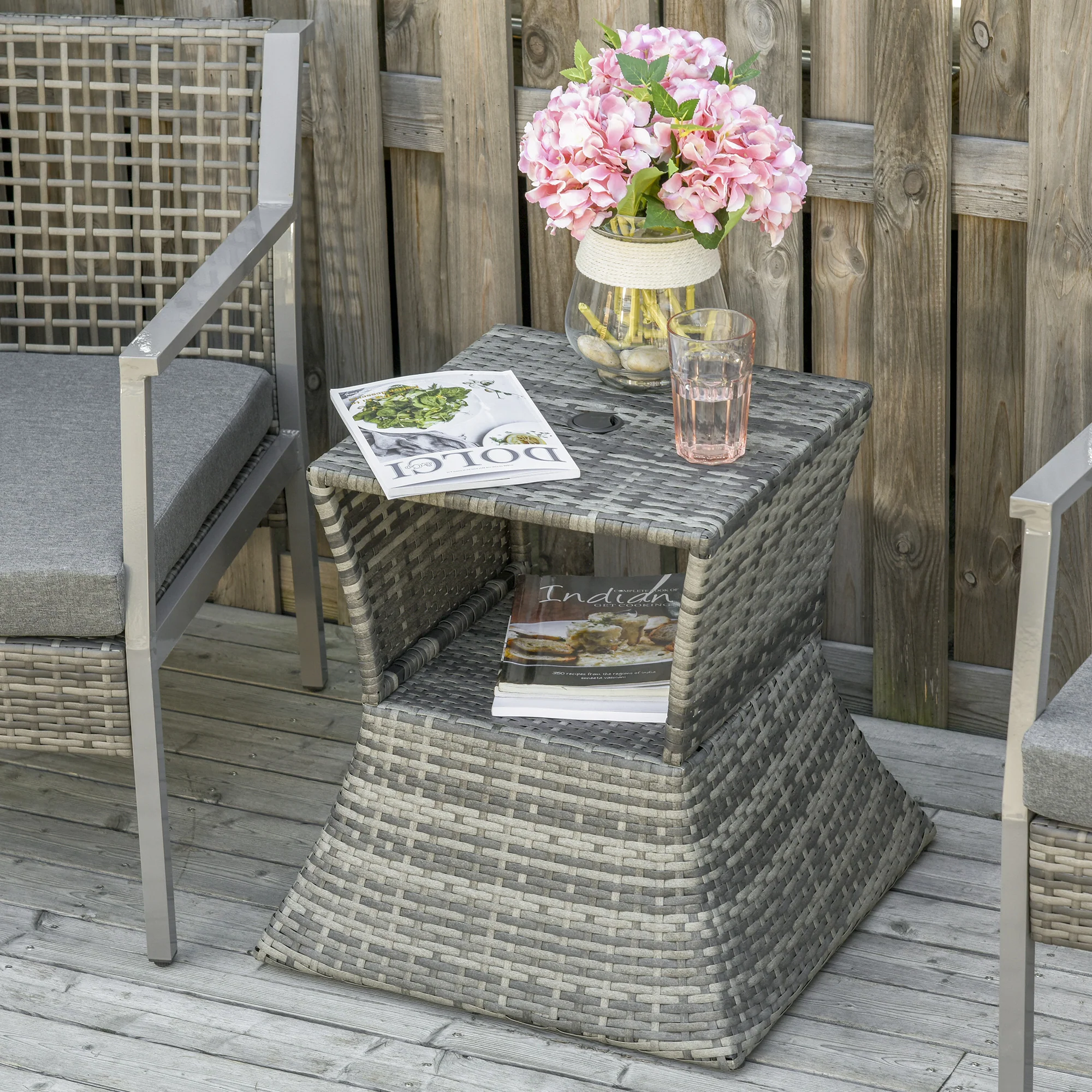 Wicker Patio Bistro Side Table with Umbrella Hole & Storage Space for Balcony, Grey - Image 4