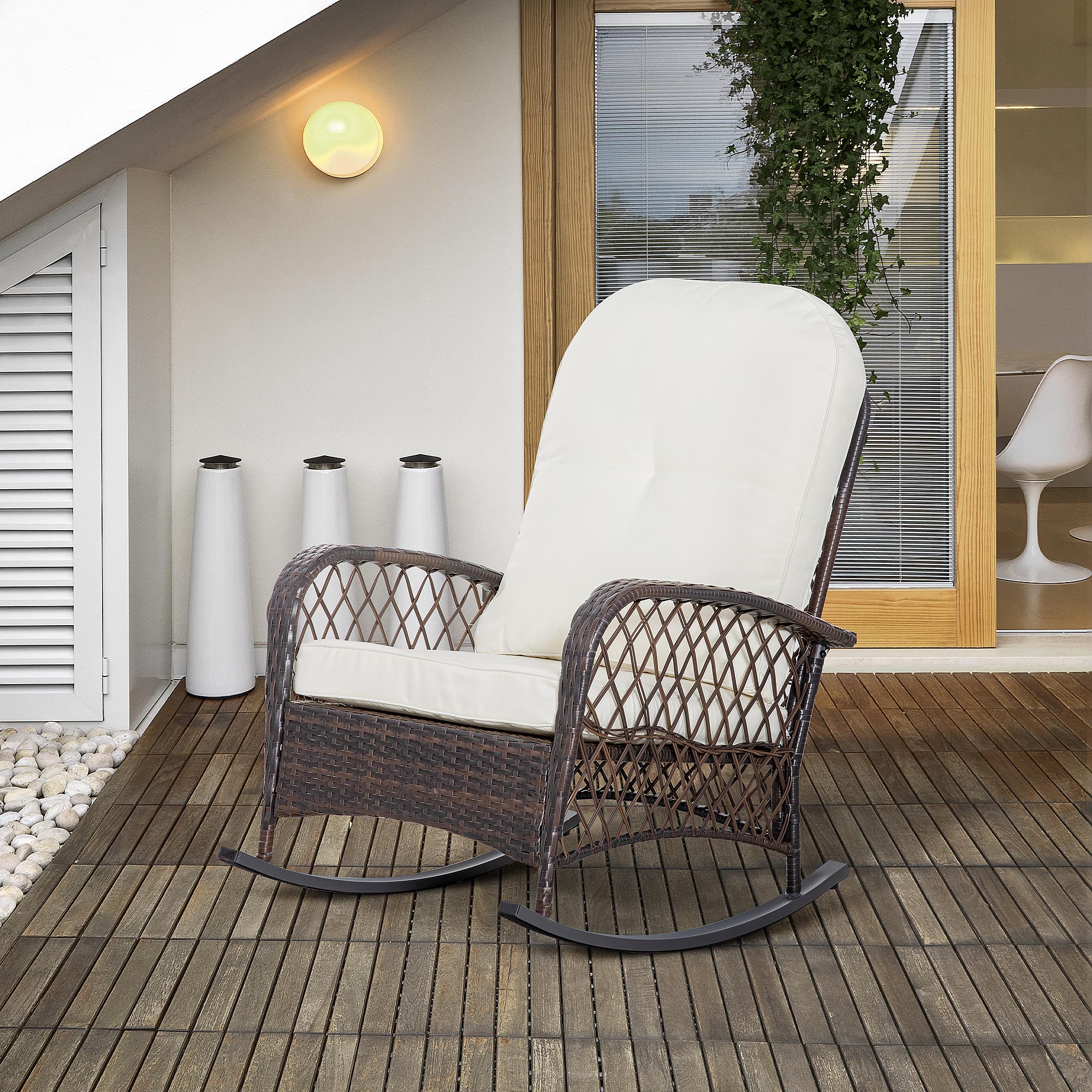 Outdoor Wicker Patio Rocker Chair Furniture with Thick Cushions for Garden, Cream White - Image 4