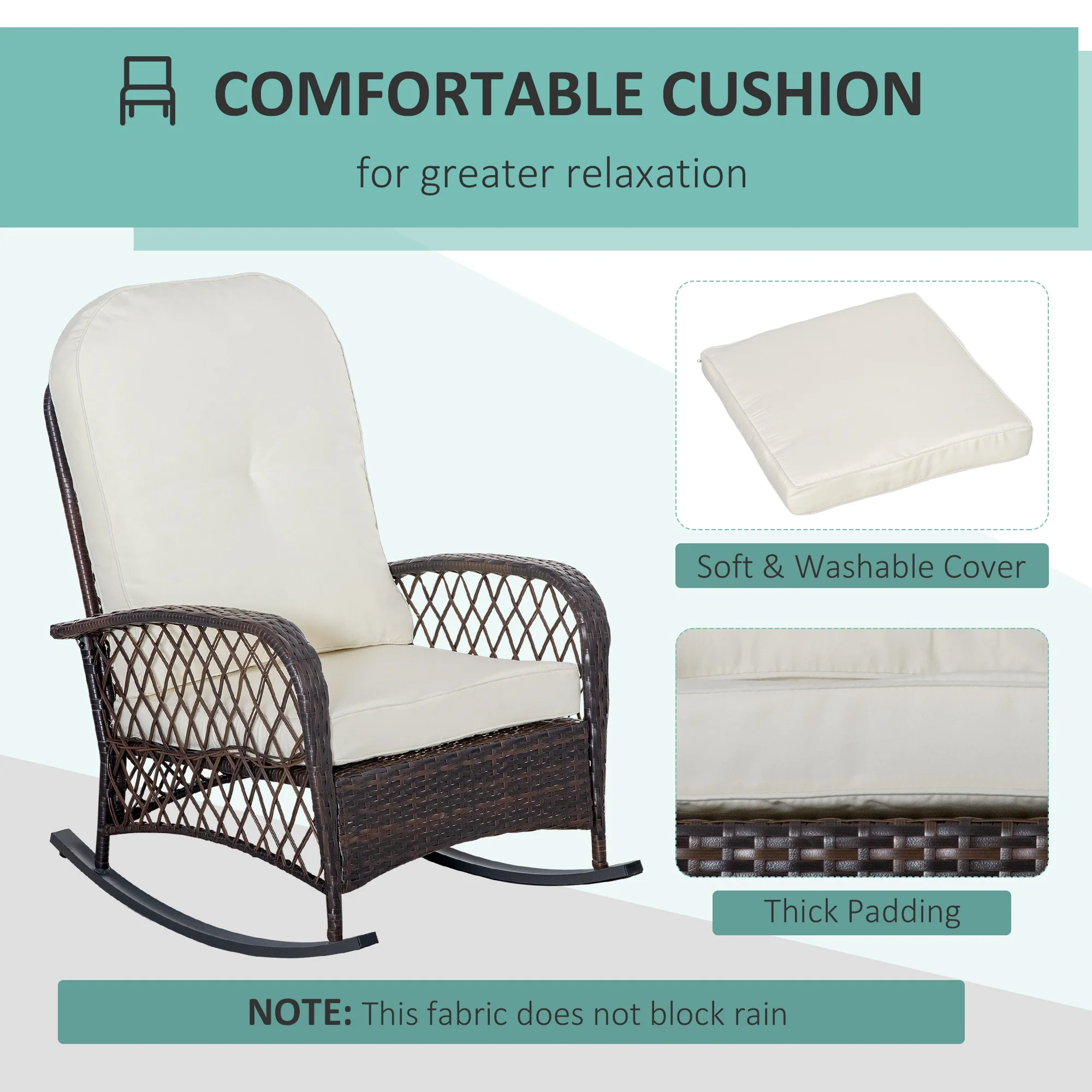 Outdoor Wicker Patio Rocker Chair Furniture with Thick Cushions for Garden, Cream White - Image 7