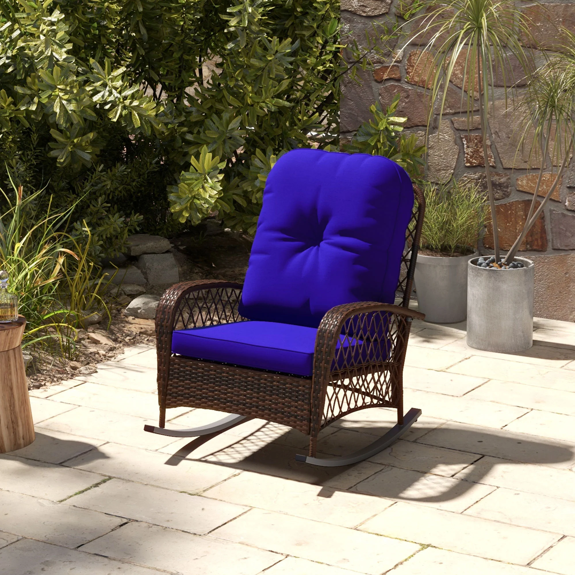 Outdoor Wicker Rattan Rocking Chair, Patio Rocker with Thick Cushions, Dark Blue - Image 4