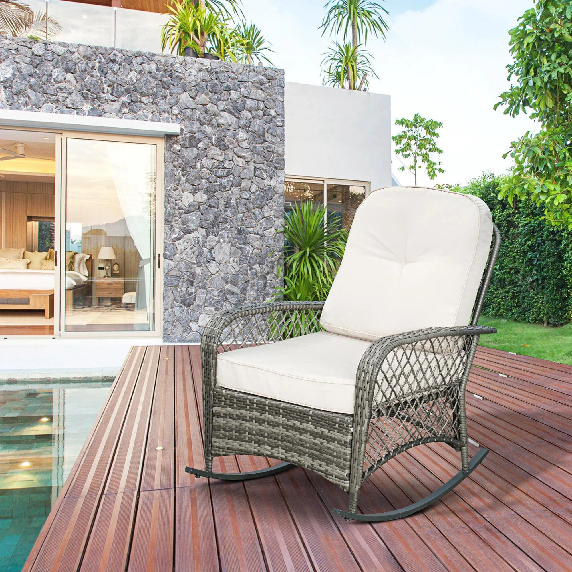 Outdoor Wicker Patio Rocker Chair Furniture with Thick Cushions for Garden, Khaki - Image 4