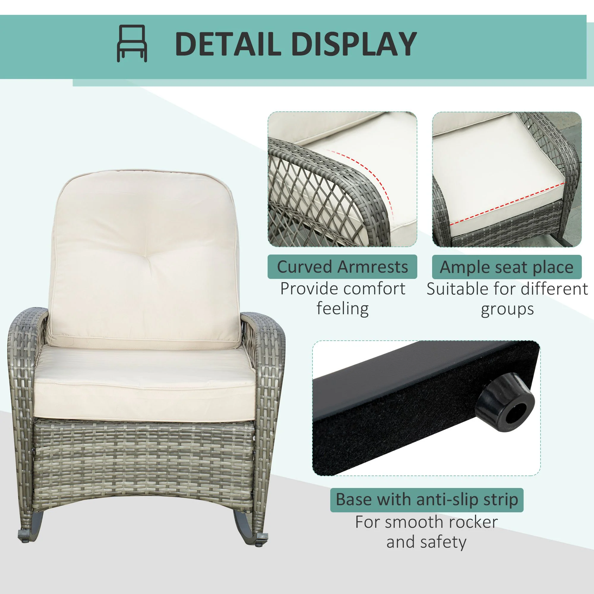Outdoor Wicker Patio Rocker Chair Furniture with Thick Cushions for Garden, Khaki - Image 8