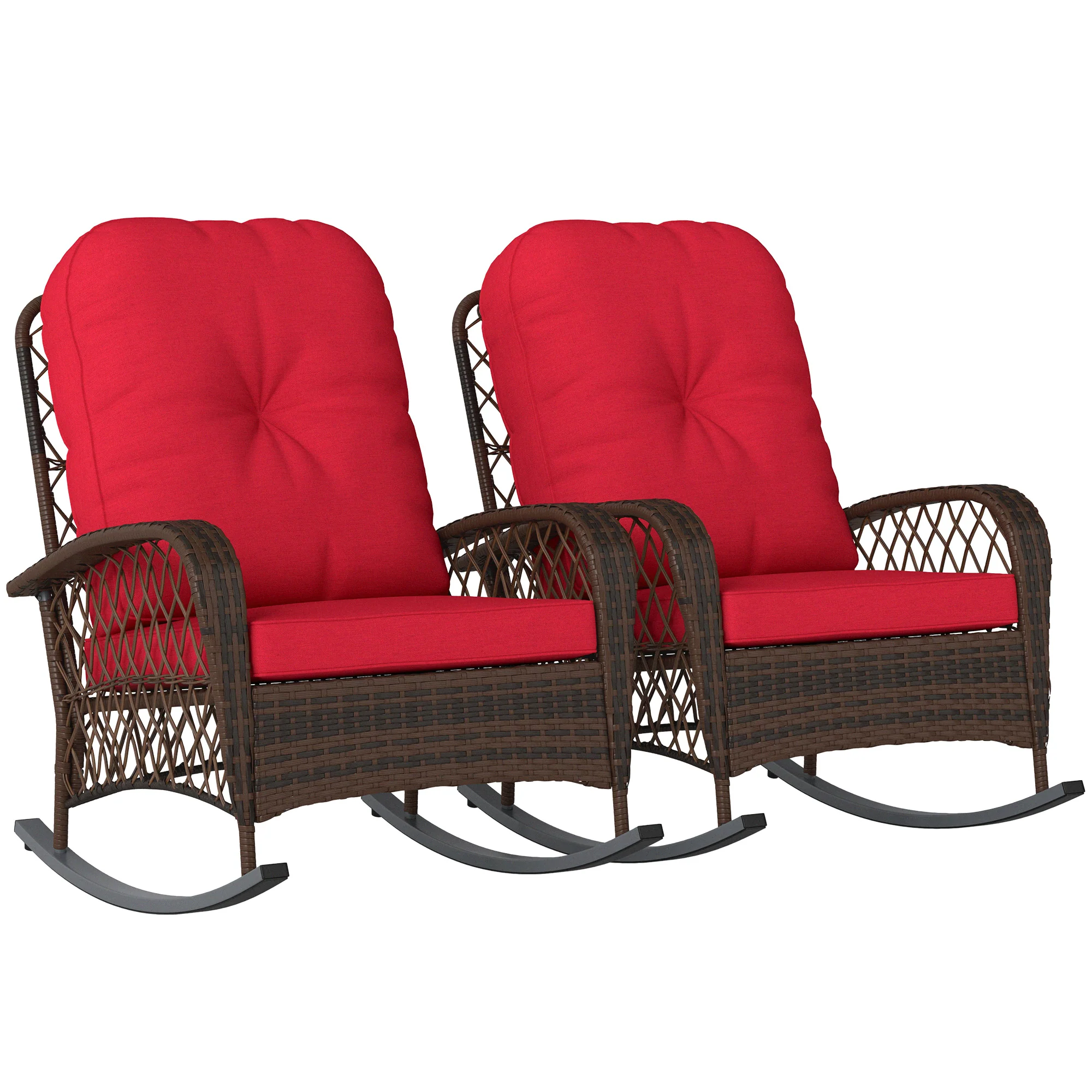 Outdoor Wicker Rattan Rocking Chair Set of 2, Patio Rocker with Thick Cushions, Red - Image 12