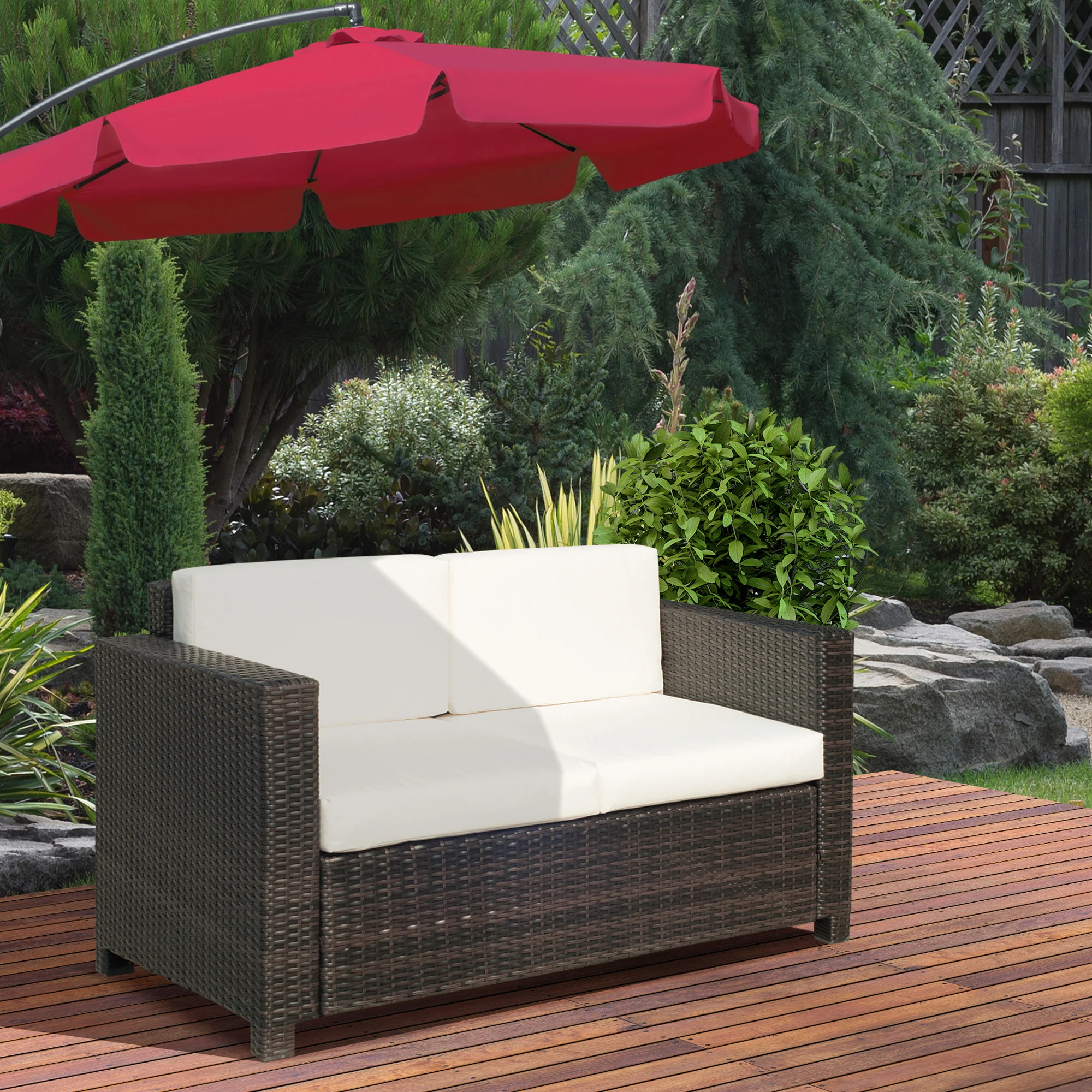 Rattan Loveseat Sofa with Padded Cushion & Armrests for Garden, Patio, Mixed Brown - Image 3