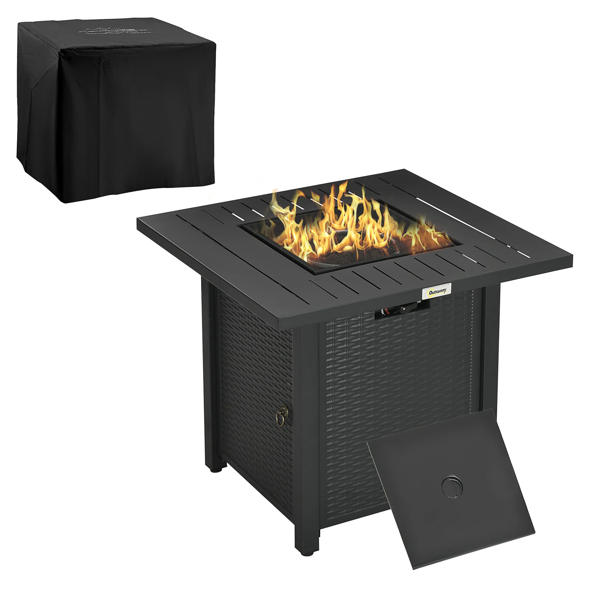 28" Rattan Propane Fire Pit Table with 40,000 BTU Burner, Square Gas Firepit, Black