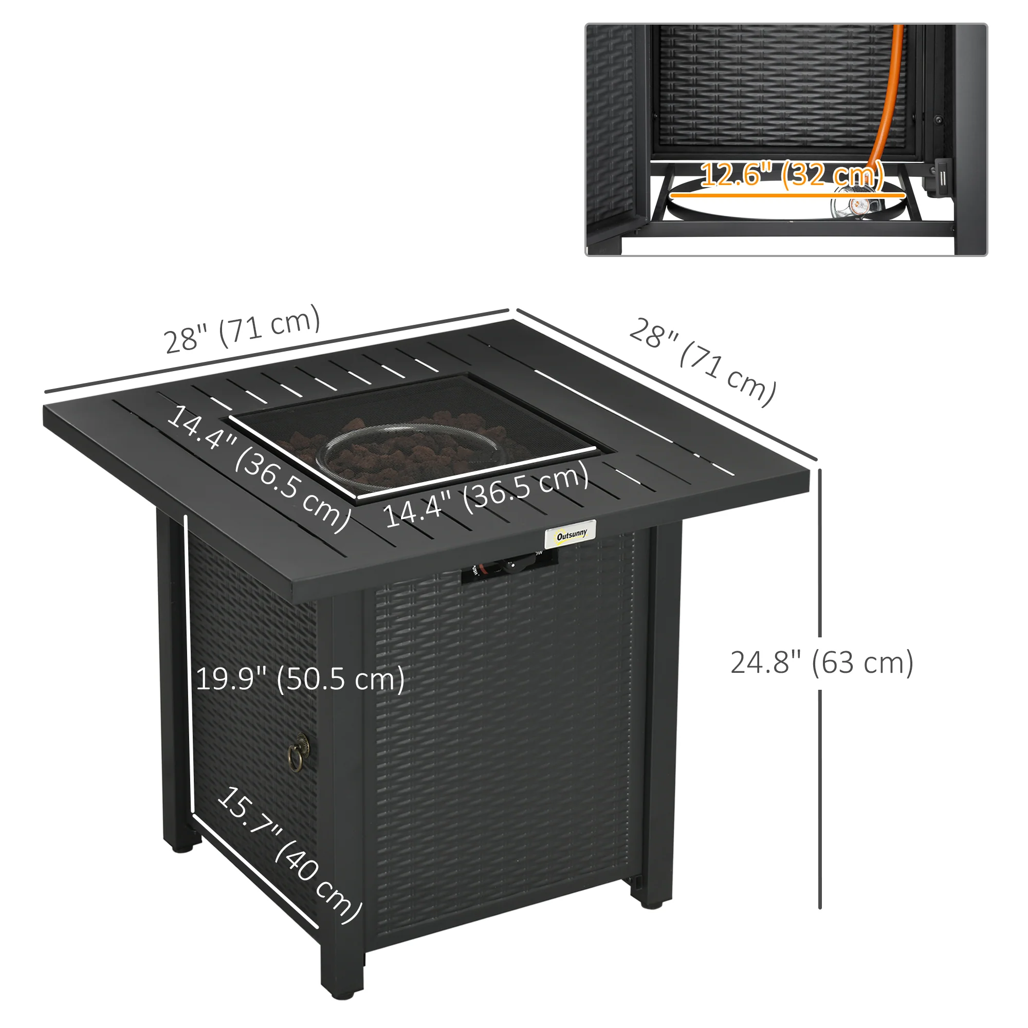28" Rattan Propane Fire Pit Table with 40,000 BTU Burner, Square Gas Firepit, Black - Image 5