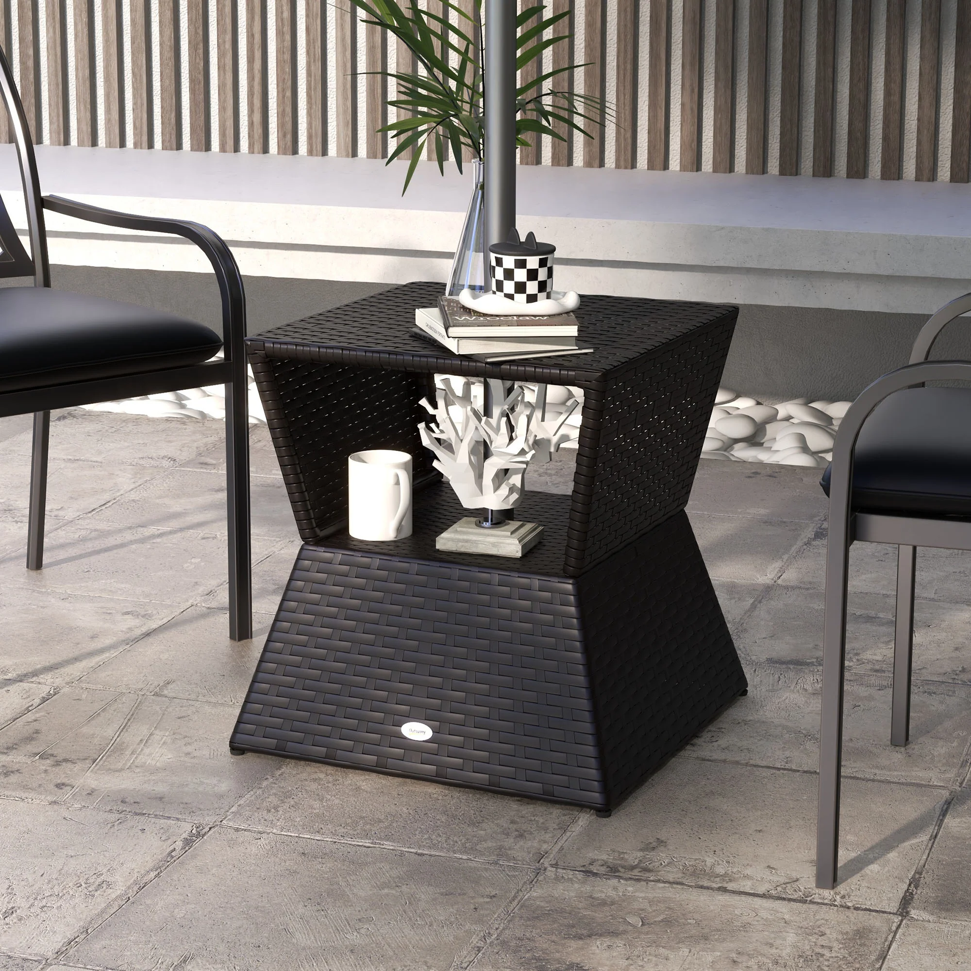 21.3" Square Rattan Wicker Side Table with Umbrella Hole & 2-Tier Storage, Dark Coffee - Image 4