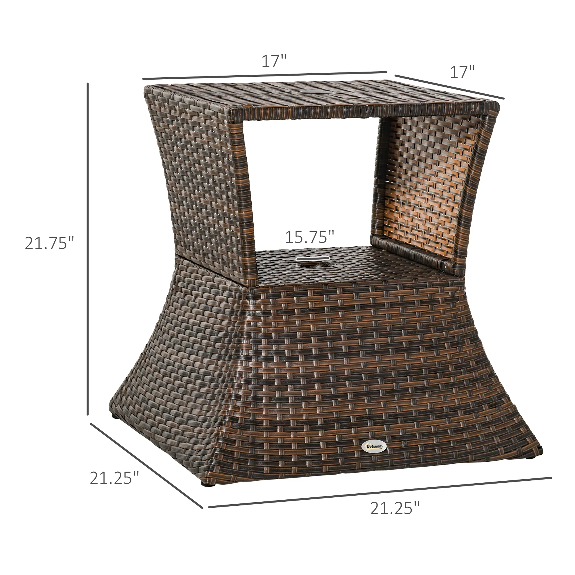 21.3" Square Rattan Wicker Side Table with Umbrella Hole & 2-Tier Storage, Mixed Brown - Image 5