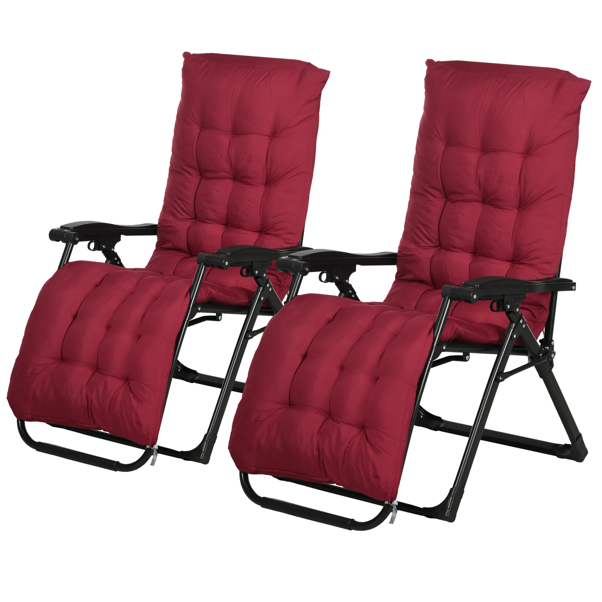 Reclining Zero Gravity Chair Set of 2, Folding Garden Chairs Set w/ Cushion, Wine Red - Image 2