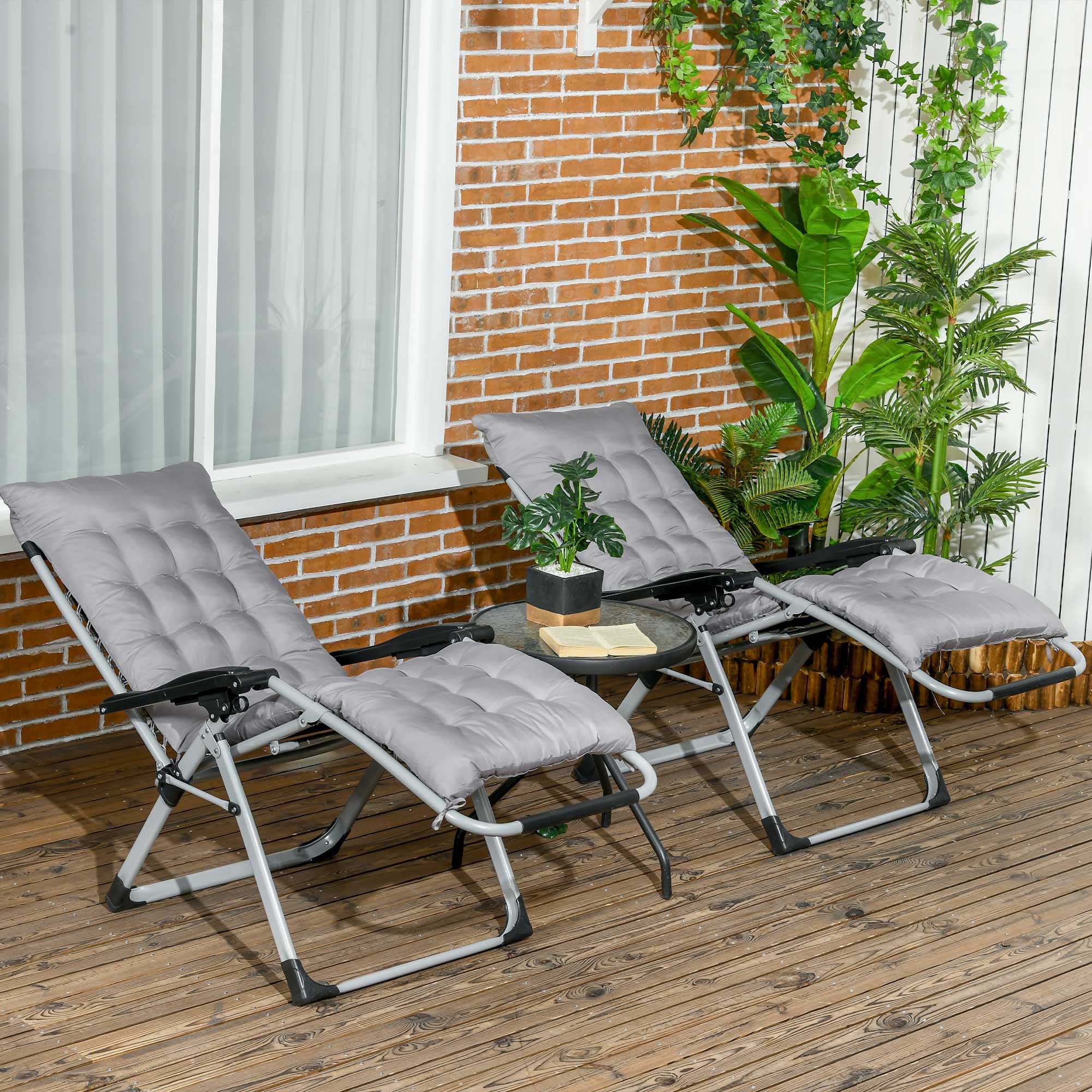 Reclining Zero Gravity Chair Set of 2, Folding Garden Chairs Set w/ Cushion, Dark Grey - Image 3