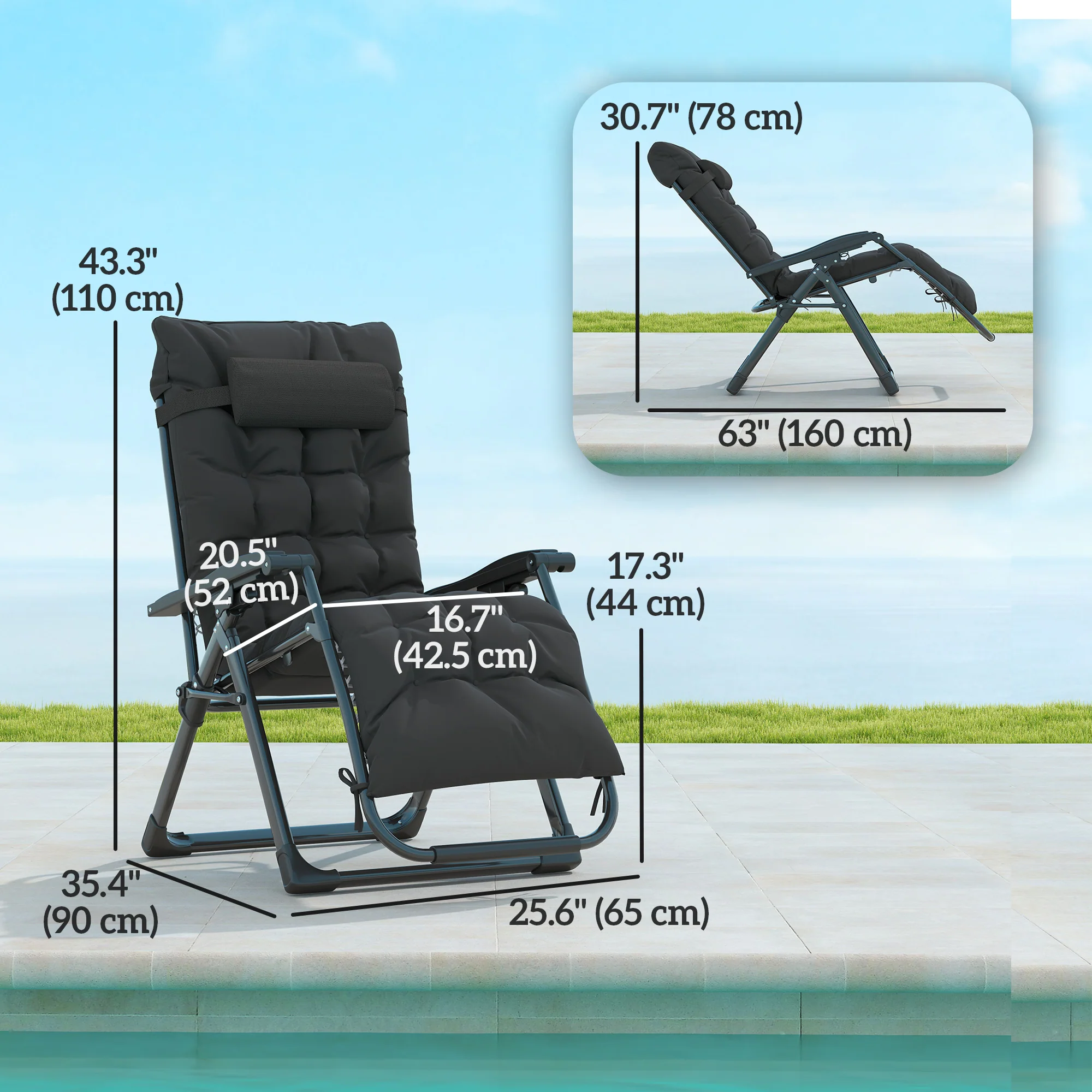 Reclining Zero Gravity Chair Set of 2, Folding Garden Chairs Set w/ Cushion, Black - Image 5