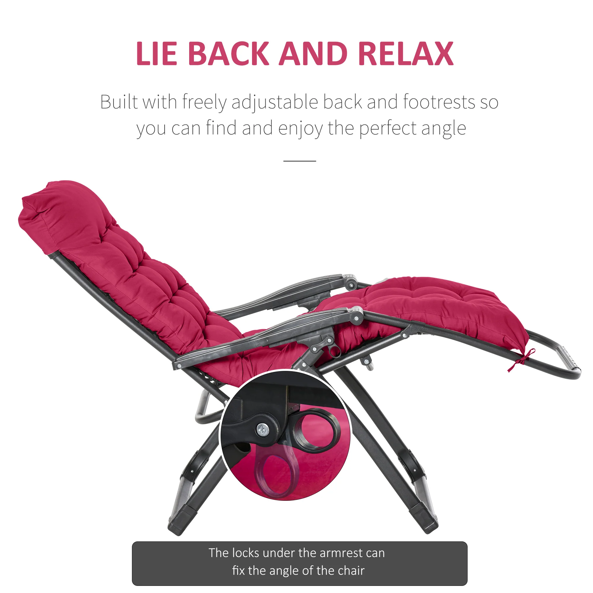 Reclining Zero Gravity Chair w/Adjustable Backrest, Removable Cushion & Headrest, Wine Red - Image 8