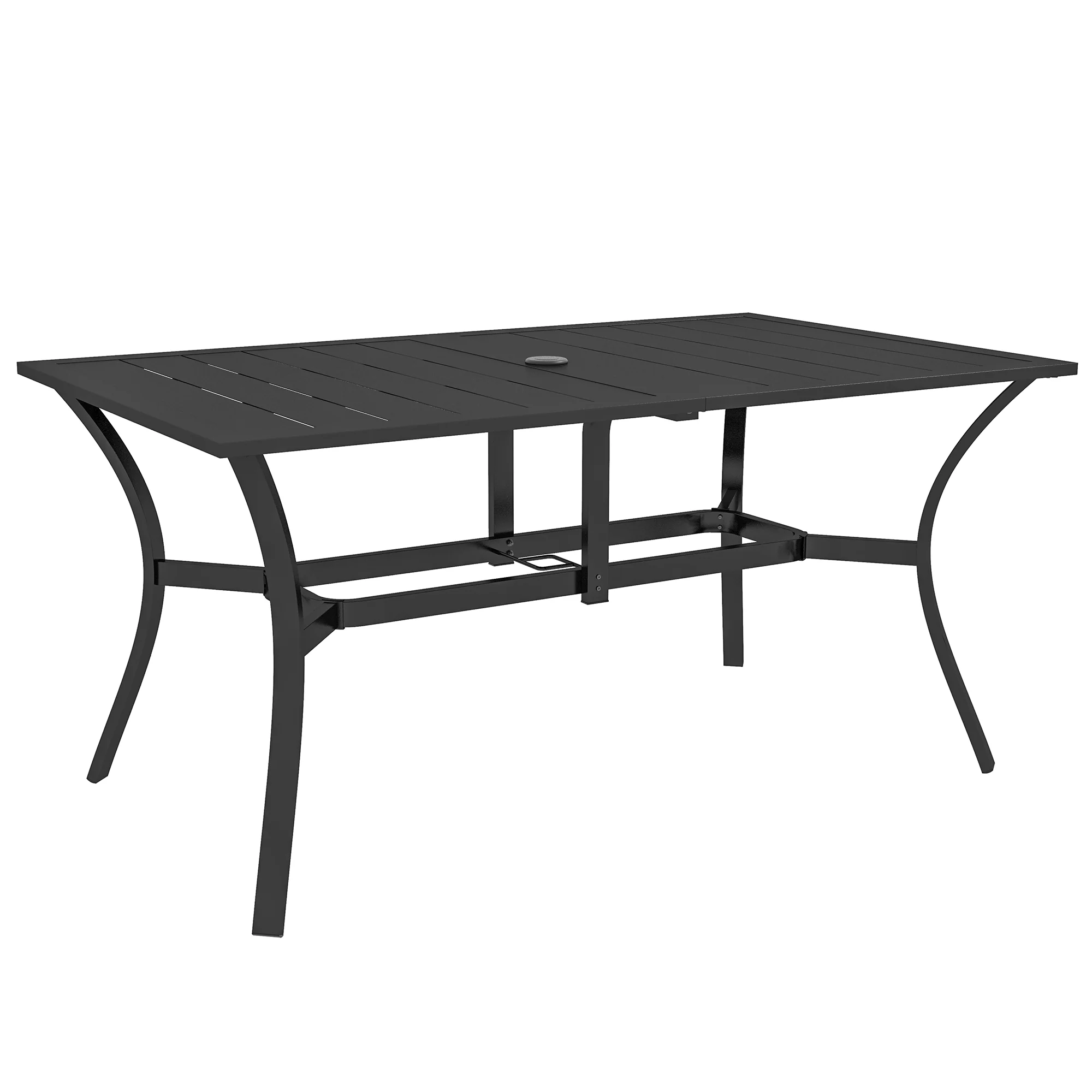 Rectangle Garden Table with Parasol Hole, Outdoor Dining Table for 6, Patio Table with Steel Frame and Slat Tabletop for Balcony, 150cm x 90cm, Black - Image 12