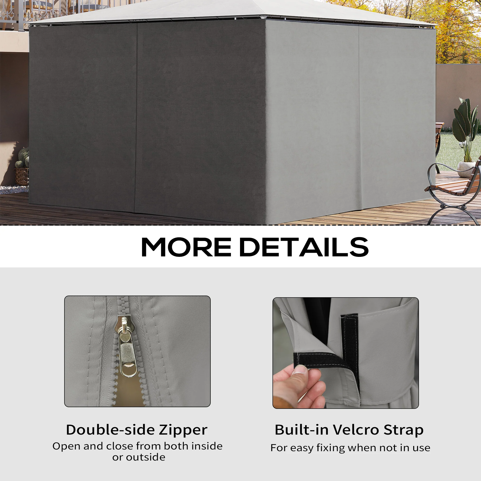 10' x 13' Universal Gazebo Sidewall Set (4 Panels) with Hooks, Light Grey - Image 7