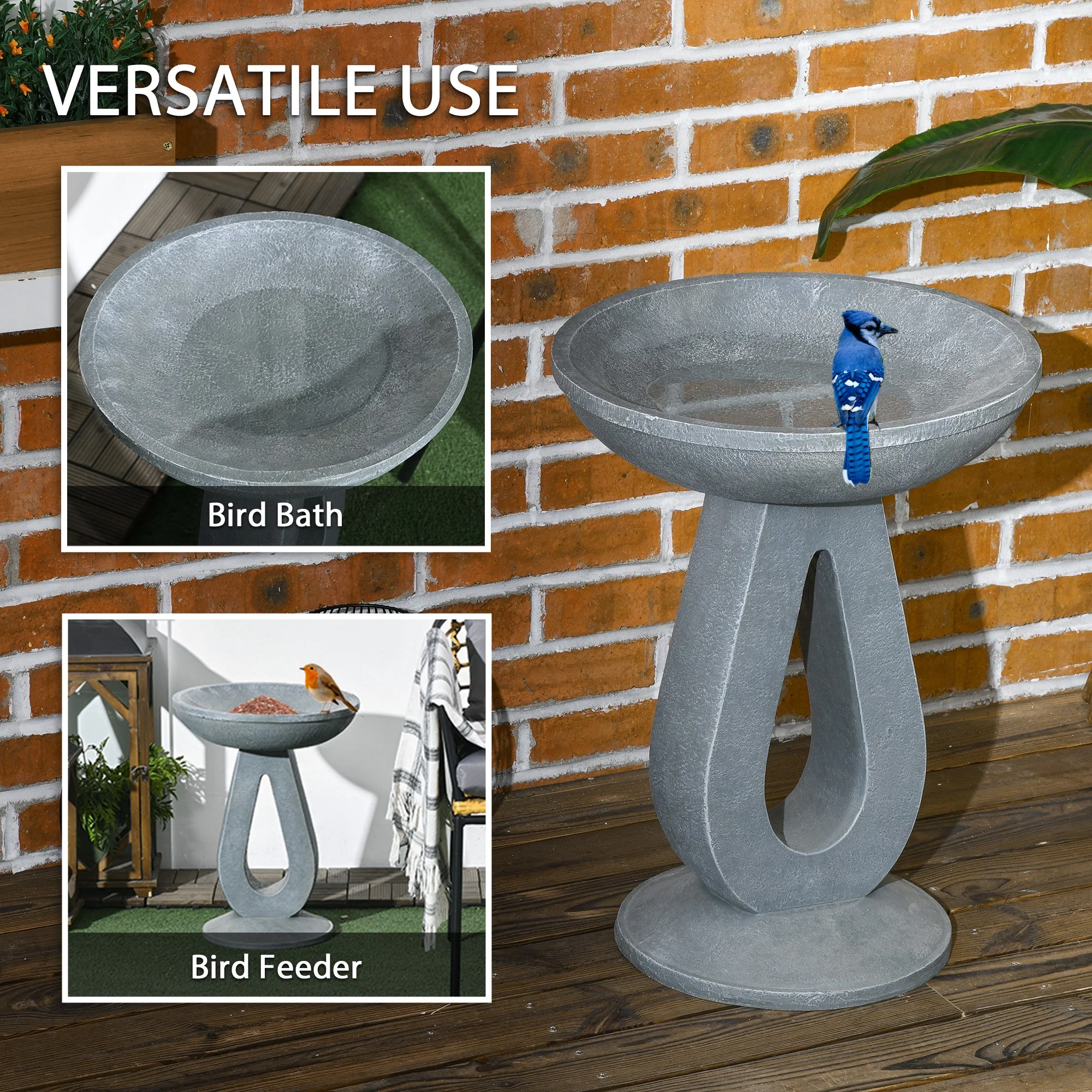 20.1" Tall Round Birdbath with Stone Look, Freestanding Resin Bird Feeder for Outdoors, Grey - Image 6