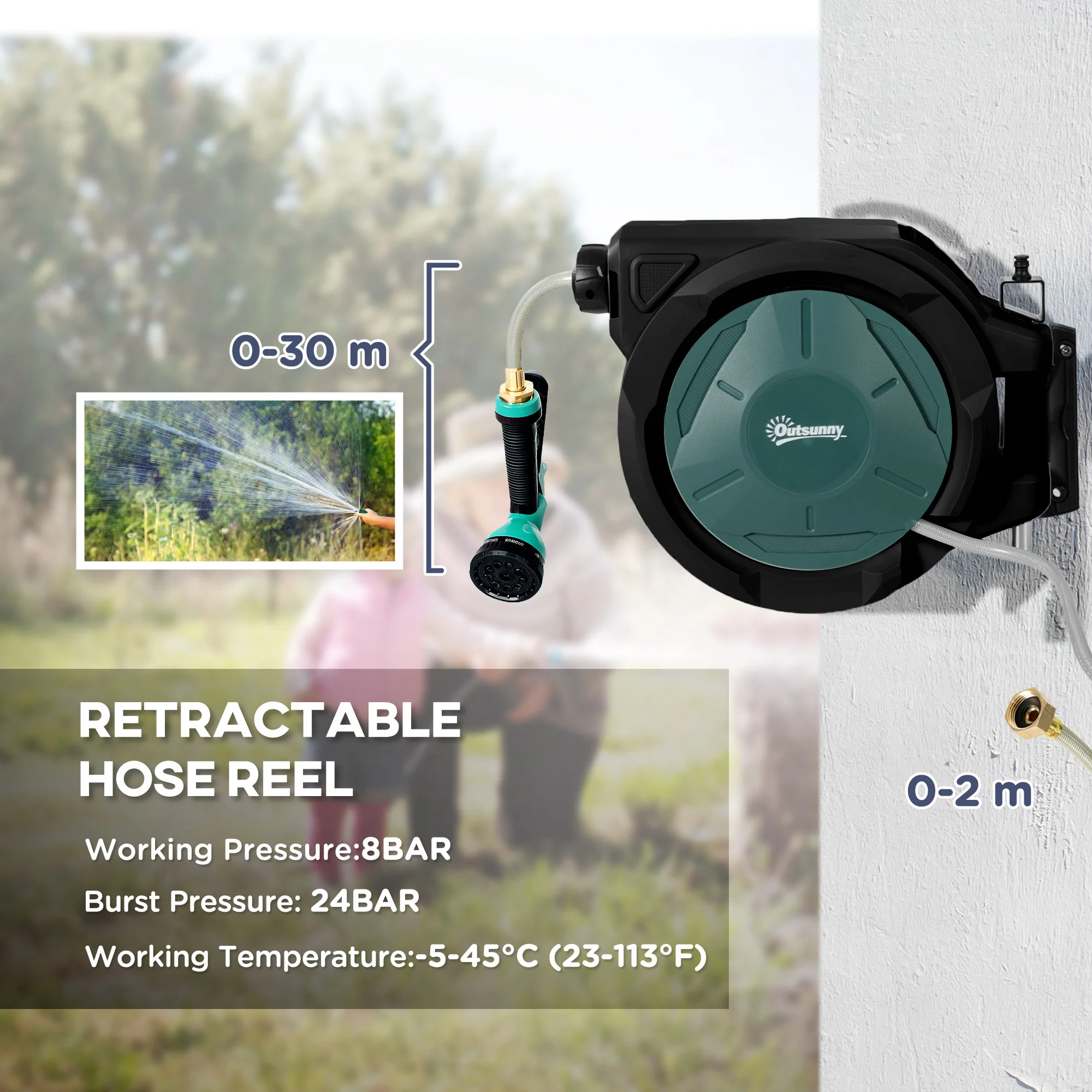 100ft Retractable Garden Hose Reel with 7 Function Sprayer Nozzle & Any Length Lock, Black - Image 6