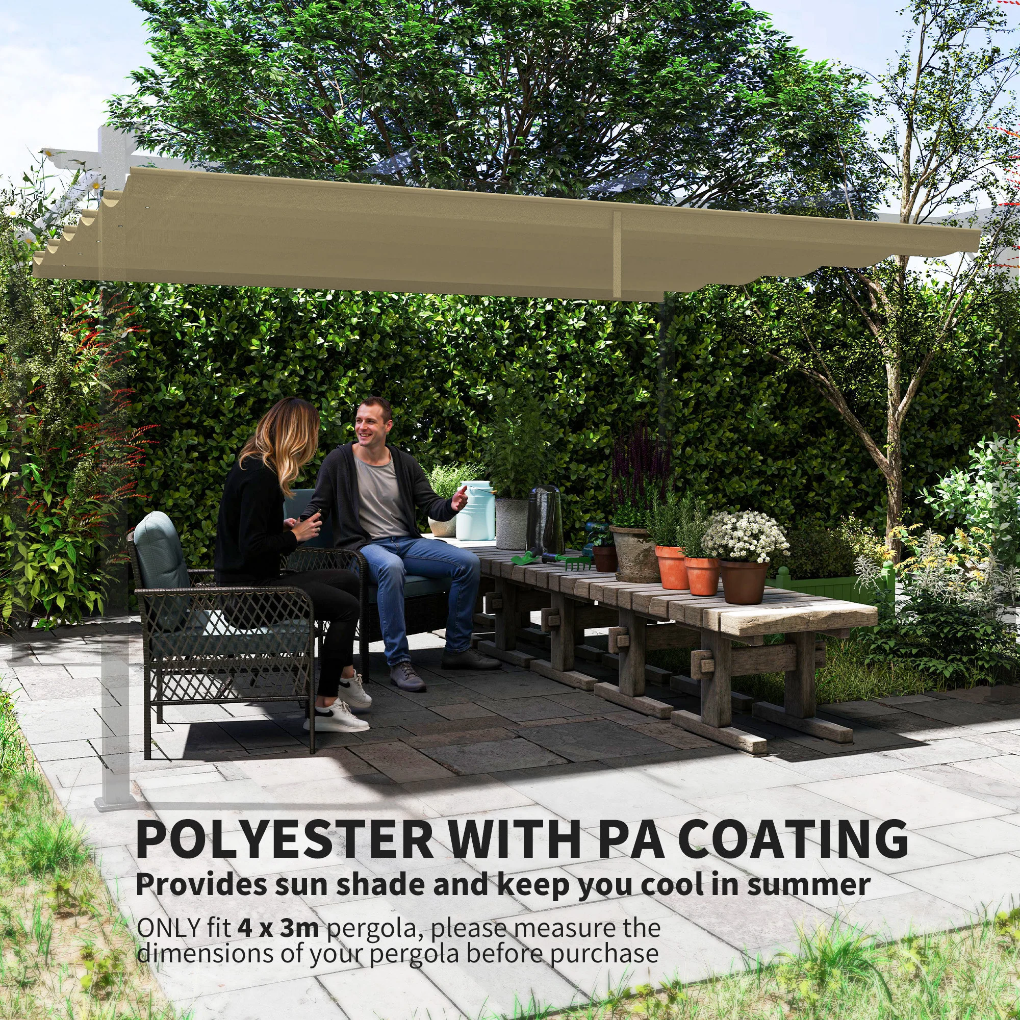 Retractable Pergola Shade Cover, Replacement Canopy Fabric for 4 x 3m Pergola, Tan - Image 6