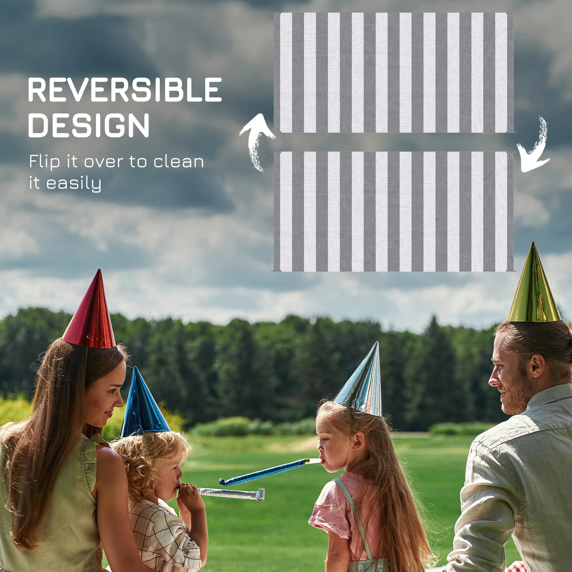 9' x 18' Reversible Outdoor RV Rug with Carry Bag for Backyard, Striped, Grey & White - Image 9