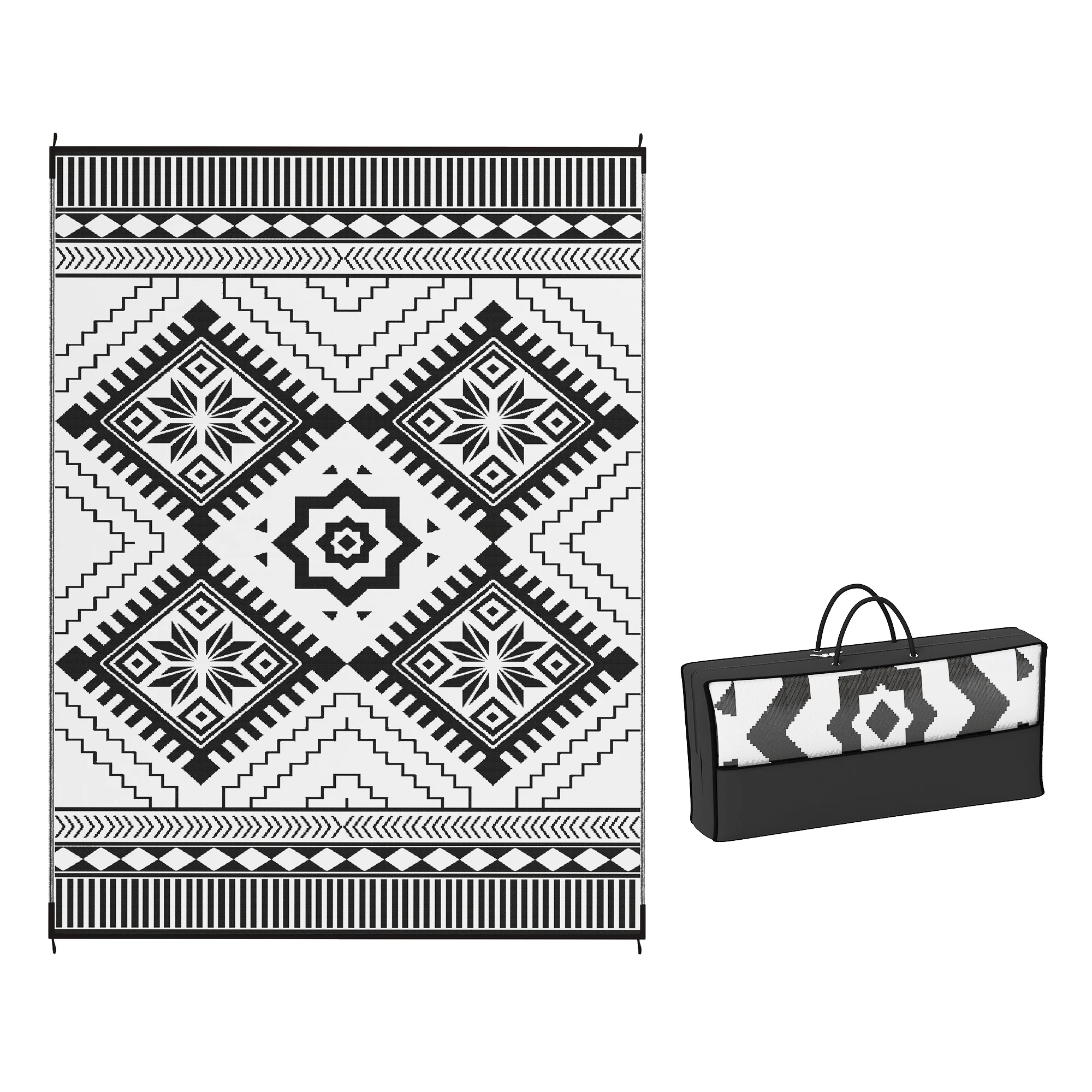 9' x 12' Patio Reversible Outdoor RV Rug with Carry Bag, Toothed Rhombus, White & Black