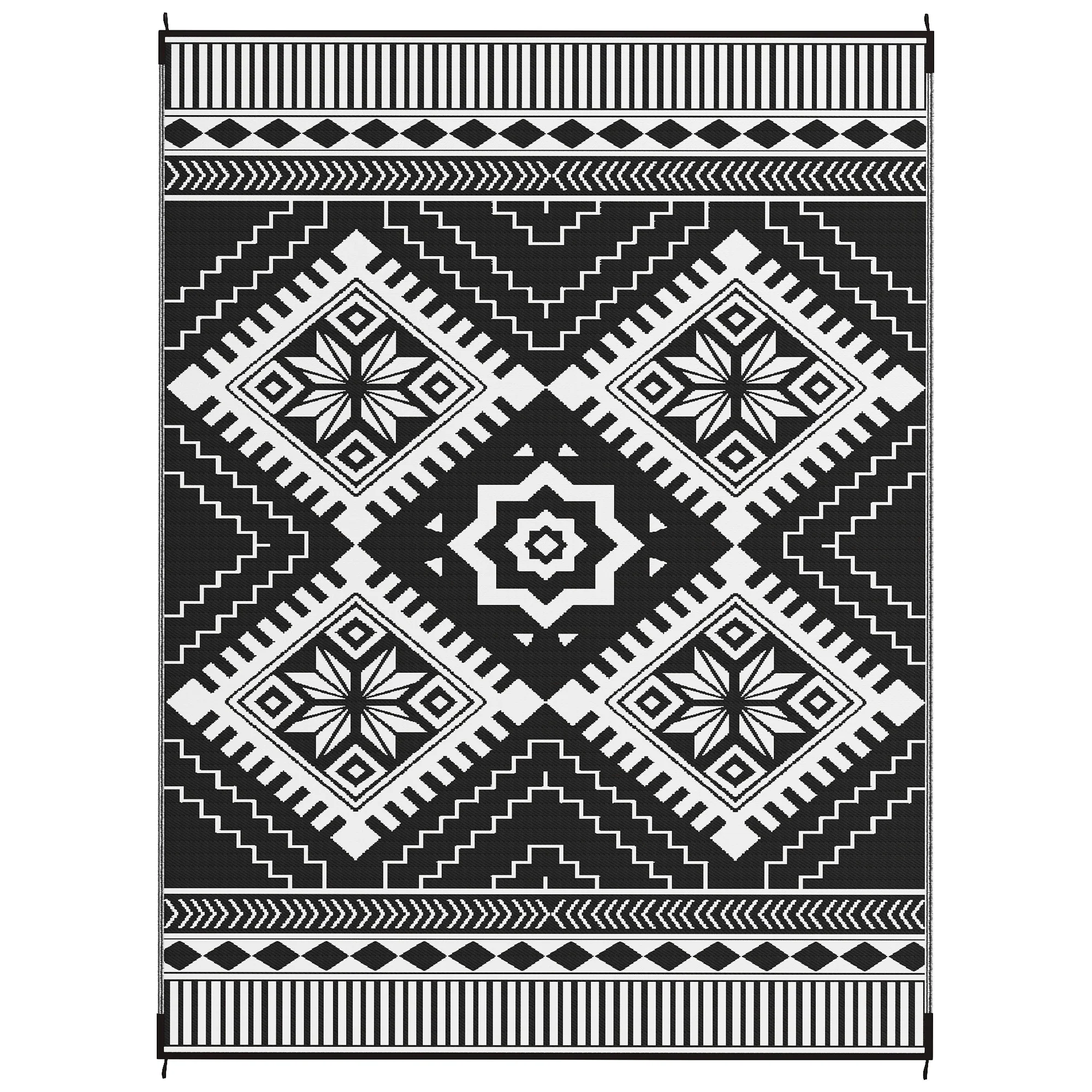 9' x 12' Patio Reversible Outdoor RV Rug with Carry Bag, Toothed Rhombus, White & Black - Image 2