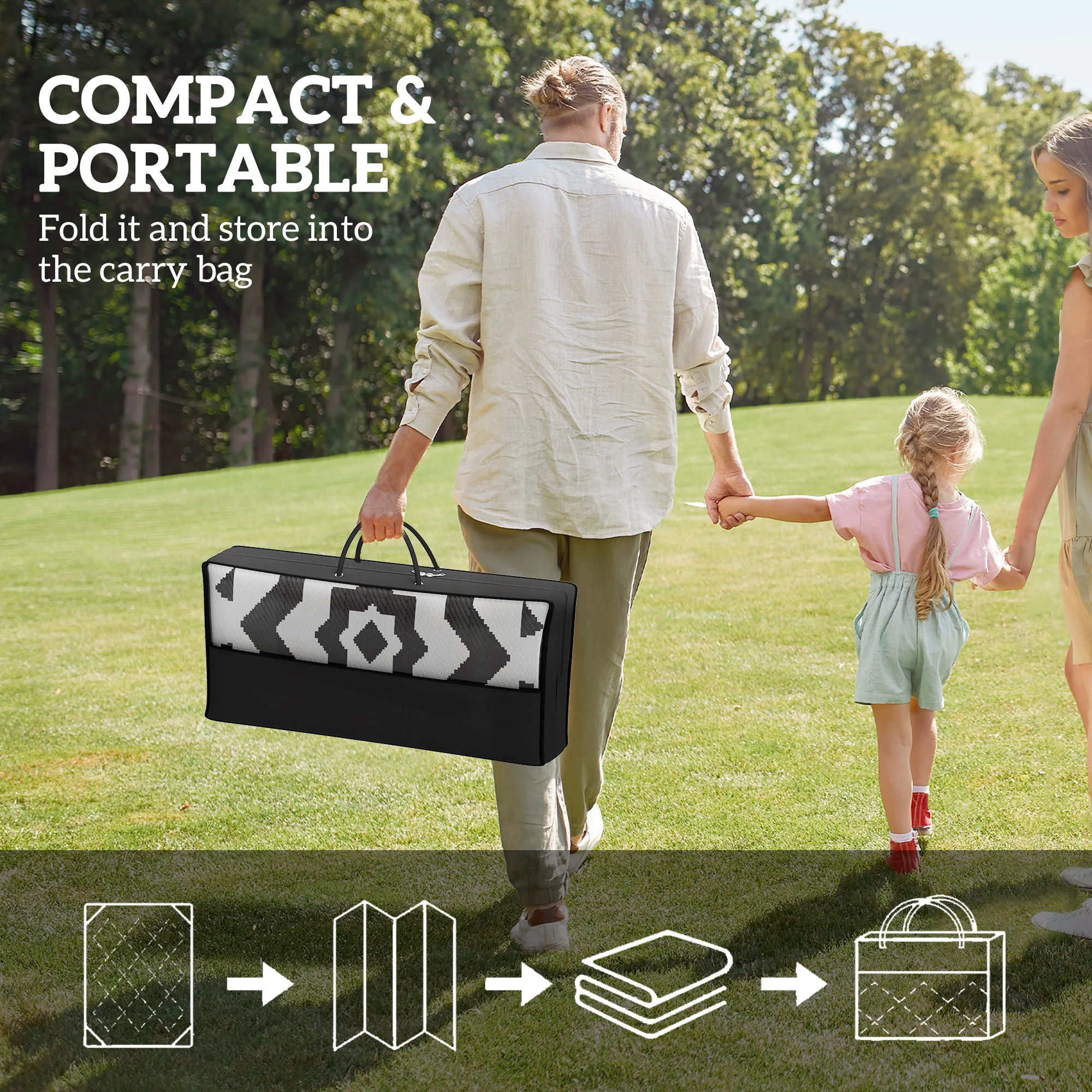 9' x 12' Patio Reversible Outdoor RV Rug with Carry Bag, Toothed Rhombus, White & Black - Image 6