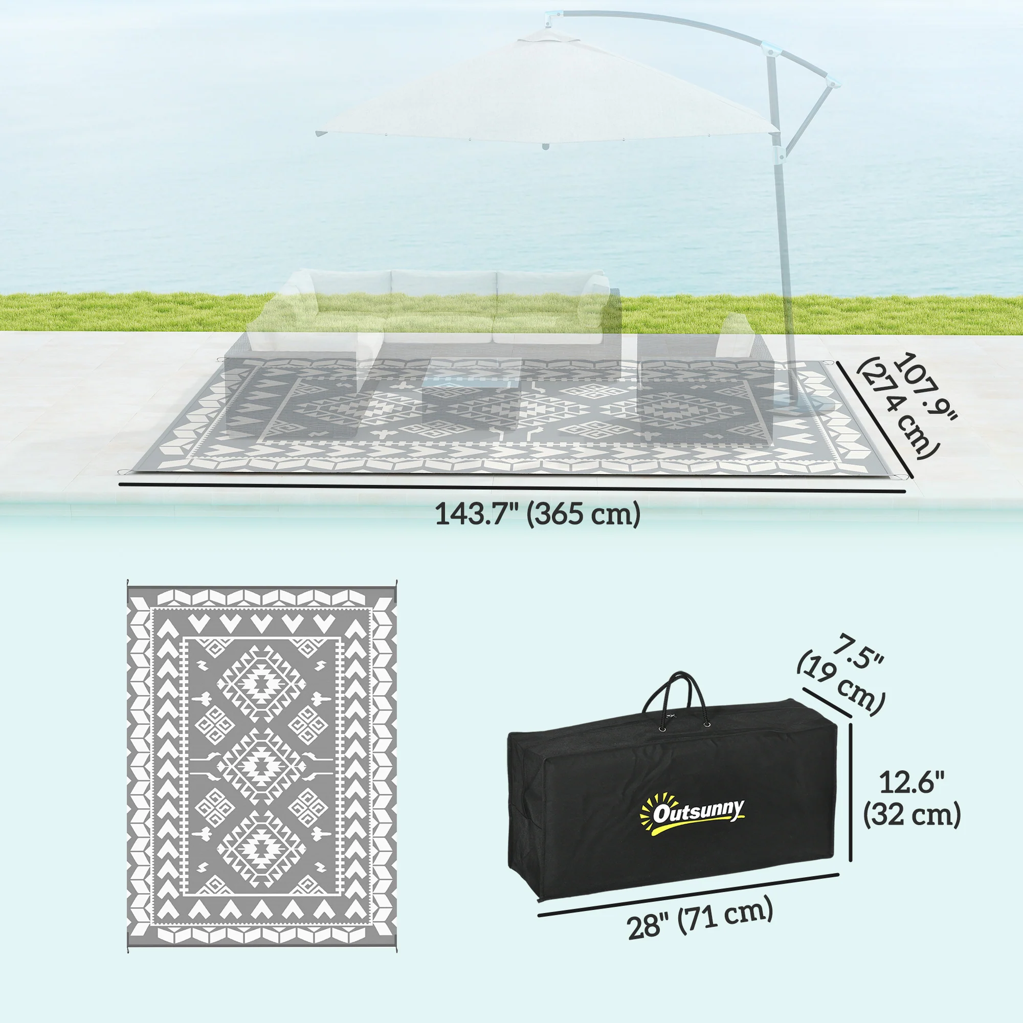 9' x 12' Patio Reversible Outdoor RV Rug with Carry Bag, Rhombus Patchwork, White & Grey - Image 5