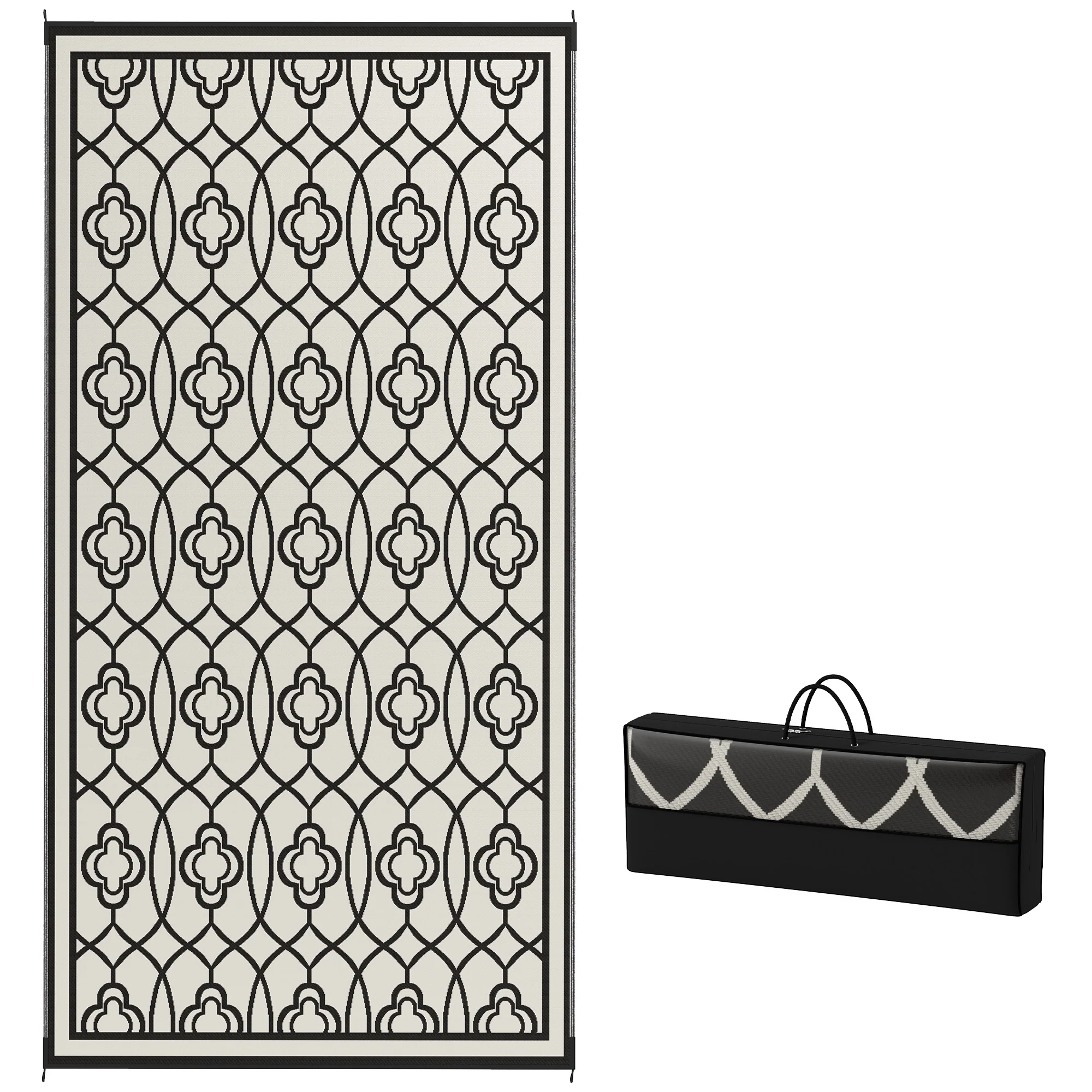 9' x 18' Patio Reversible Outdoor RV Rug with Carry Bag, Lantern, White & Black