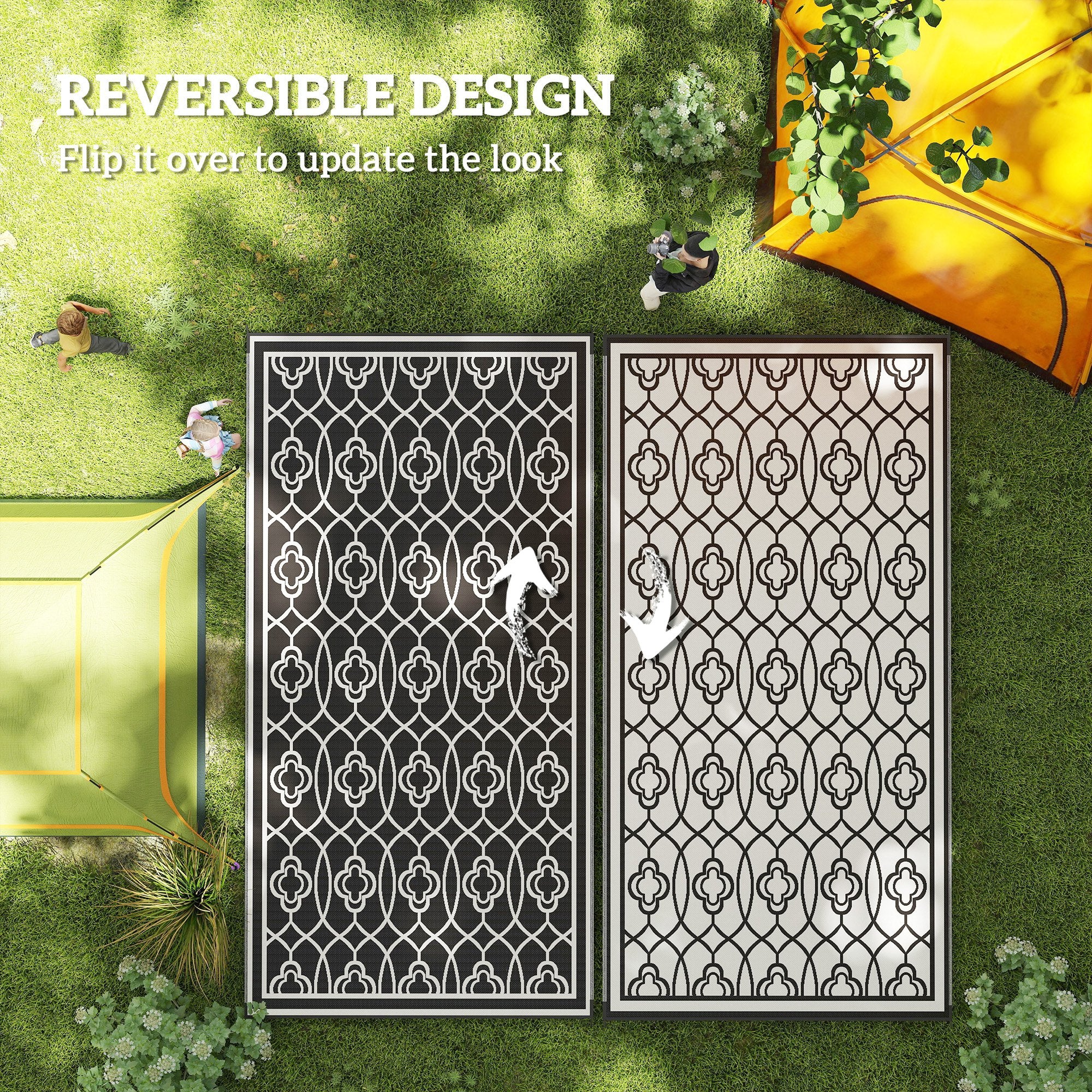 9' x 18' Patio Reversible Outdoor RV Rug with Carry Bag, Lantern, White & Black - Image 9