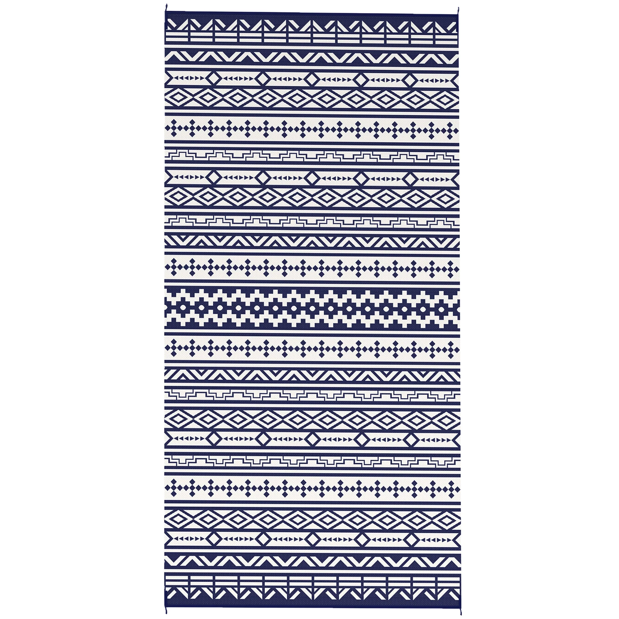 9' x 18' Patio Reversible Outdoor RV Rug with Carry Bag, Geometric Wall, White & Blue - Image 12