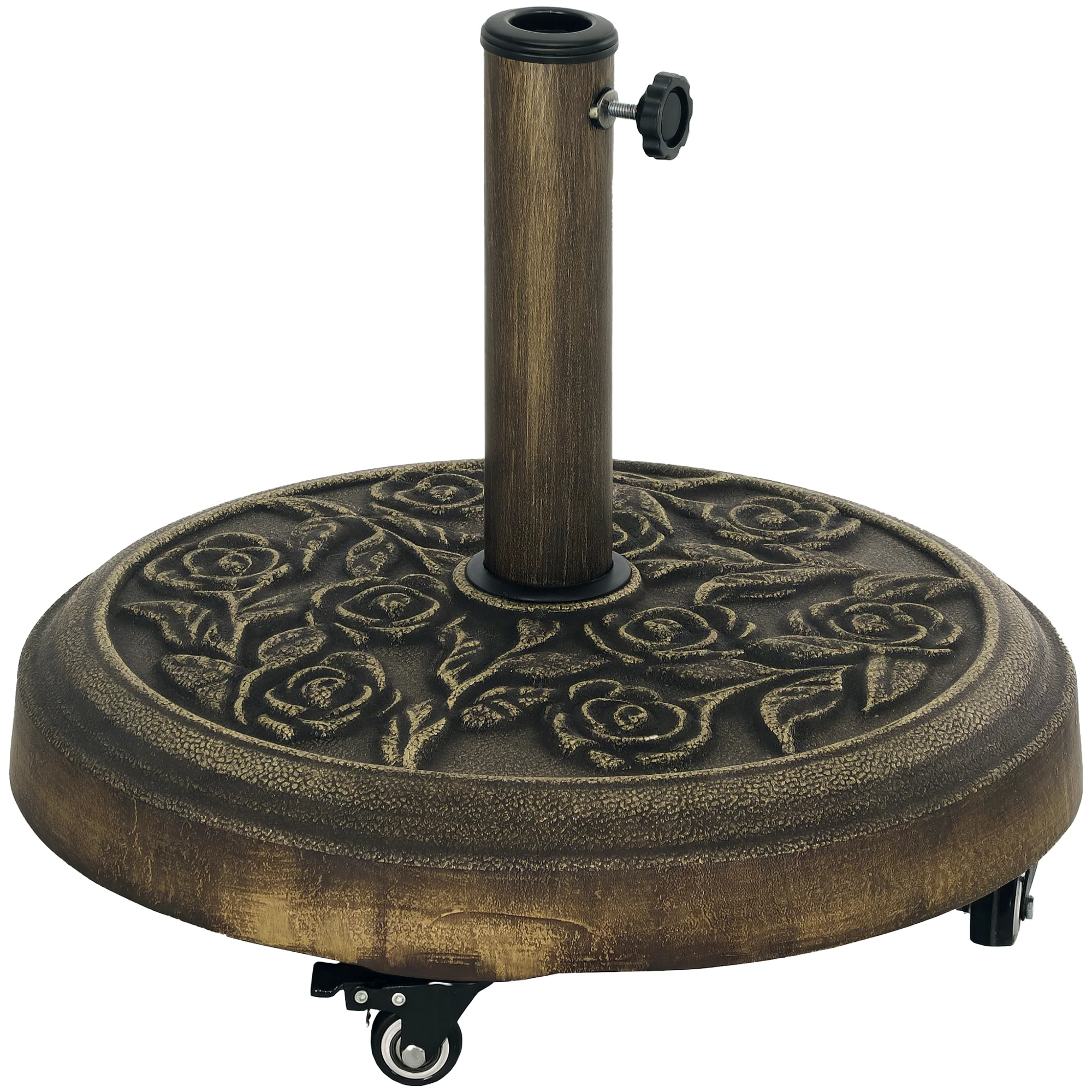 Round Patio Umbrella Base, 46 lbs Resin Umbrella Base with Wheels, Outdoor Umbrella Stand for 1.3"/1.5"/1.9" Umbrella Poles for Outdoor, Lawn, Poolside, Bronze