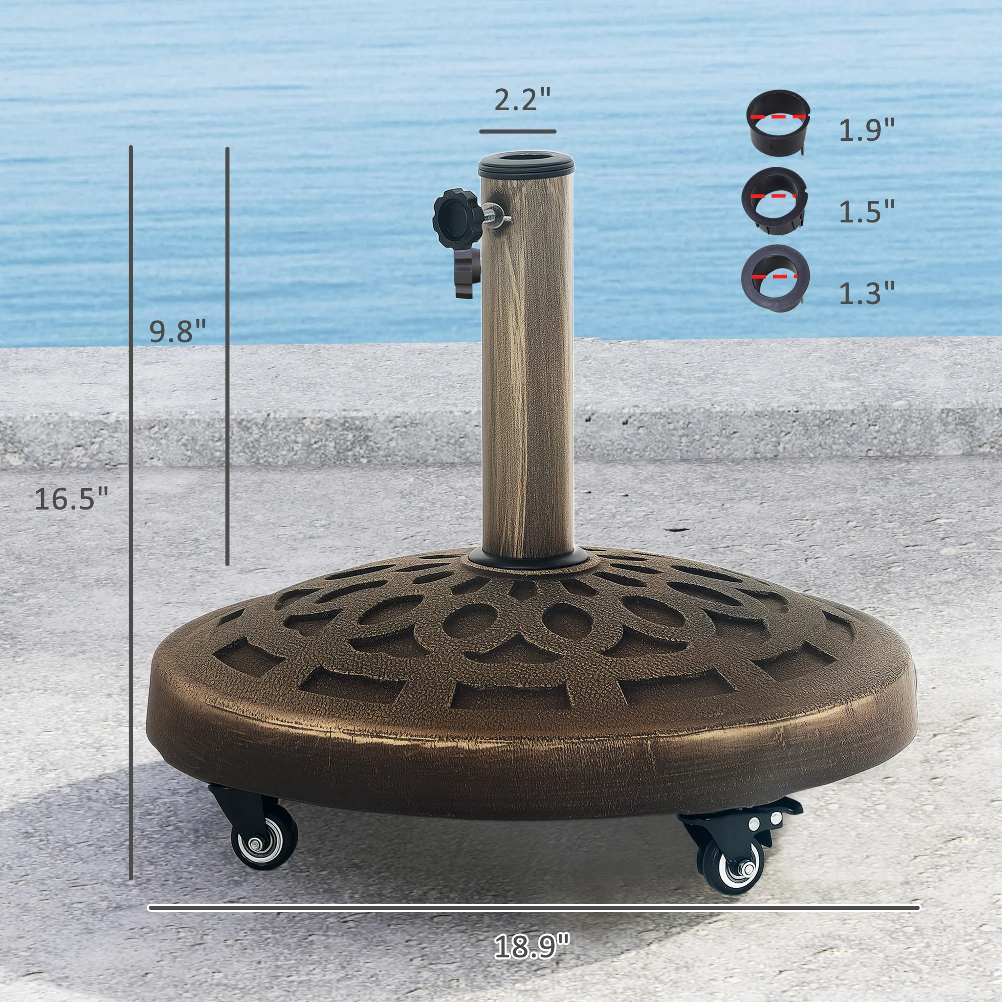 Round Patio Umbrella Base with Wheels, 46 lbs Resin Umbrella Stand Base, Heavy Duty Patio Umbrella Holder for 1.3"/1.5"/1.9" Umbrella Poles for Outdoor, Lawn, Poolside, Bronze - Image 5