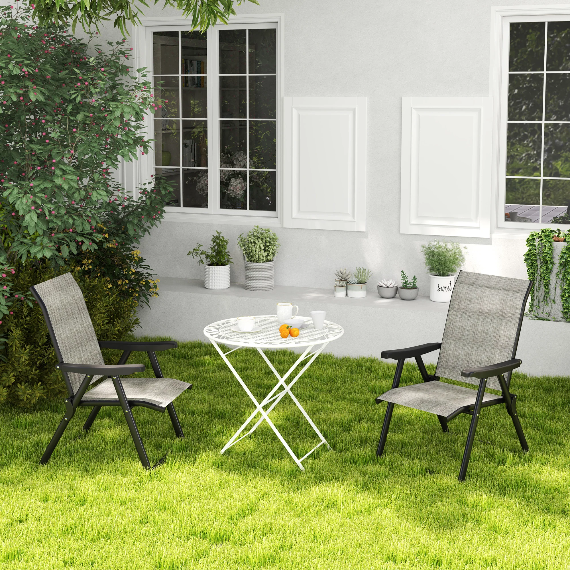 Set of 2 Folding Chair, Garden Chair Set with Breathable Mesh Back and Seat, Outdoor Camping Chairs with Armrests, Steel Frame for Deck Balcony, Black and Grey - Image 11