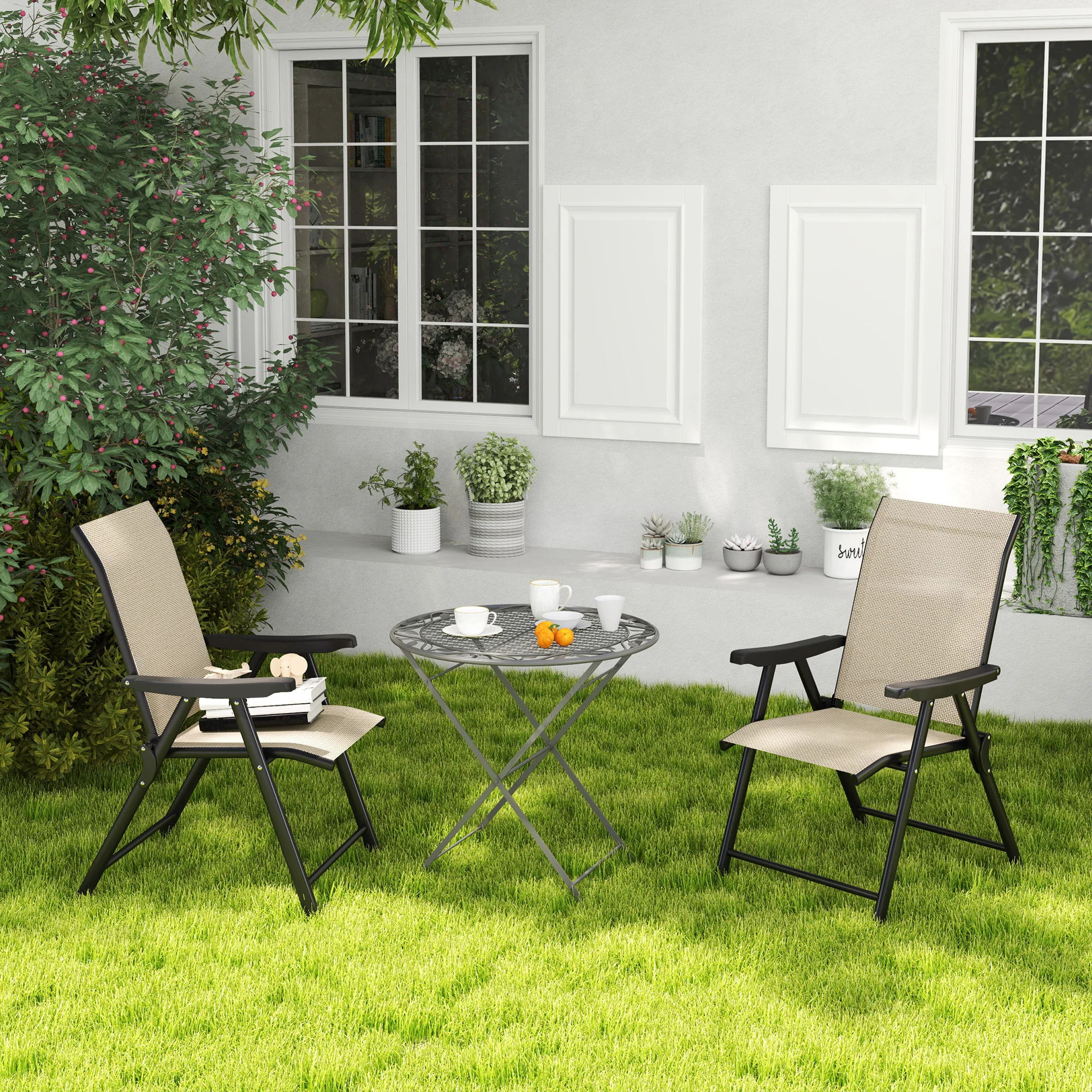Set of 2 Folding Chair, Garden Chair Set with Breathable Mesh Back and Seat, Outdoor Camping Chairs with Armrests, Steel Frame for Deck Balcony, Brown - Image 11