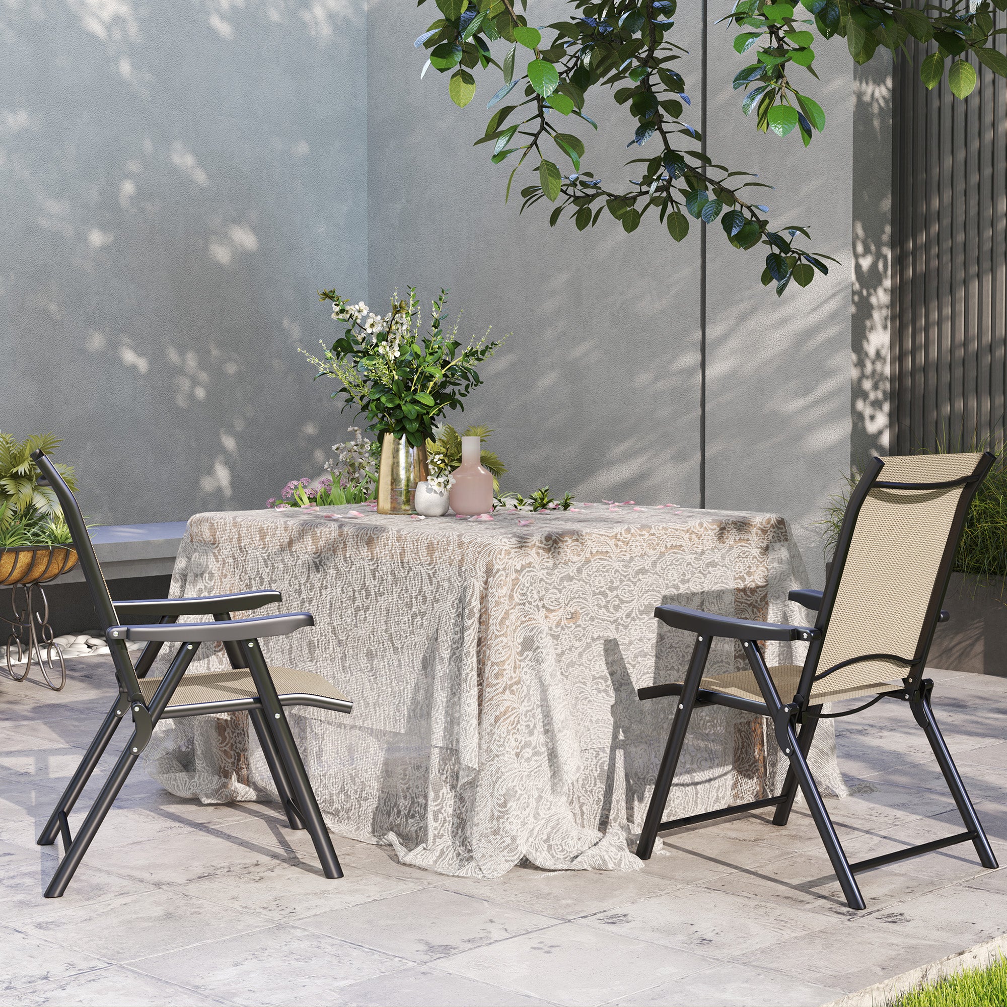Set of 2 Folding Chair, Garden Chair Set with Breathable Mesh Back and Seat, Outdoor Camping Chairs with Armrests, Steel Frame for Deck Balcony, Brown - Image 9