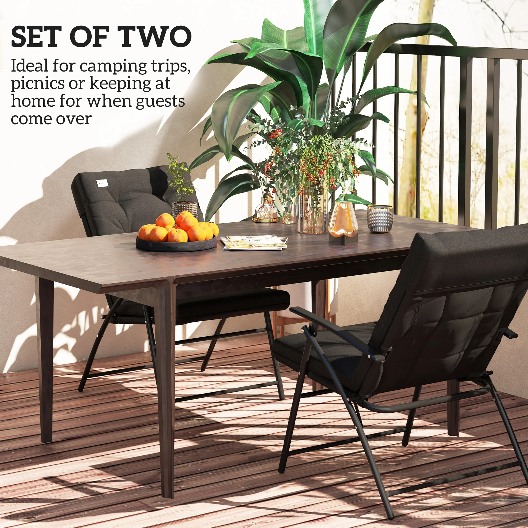Set of 2 Outdoor Folding Chairs with Adjustable Backrest, Padded Camping Chairs for Outdoor Events, Black - Image 7