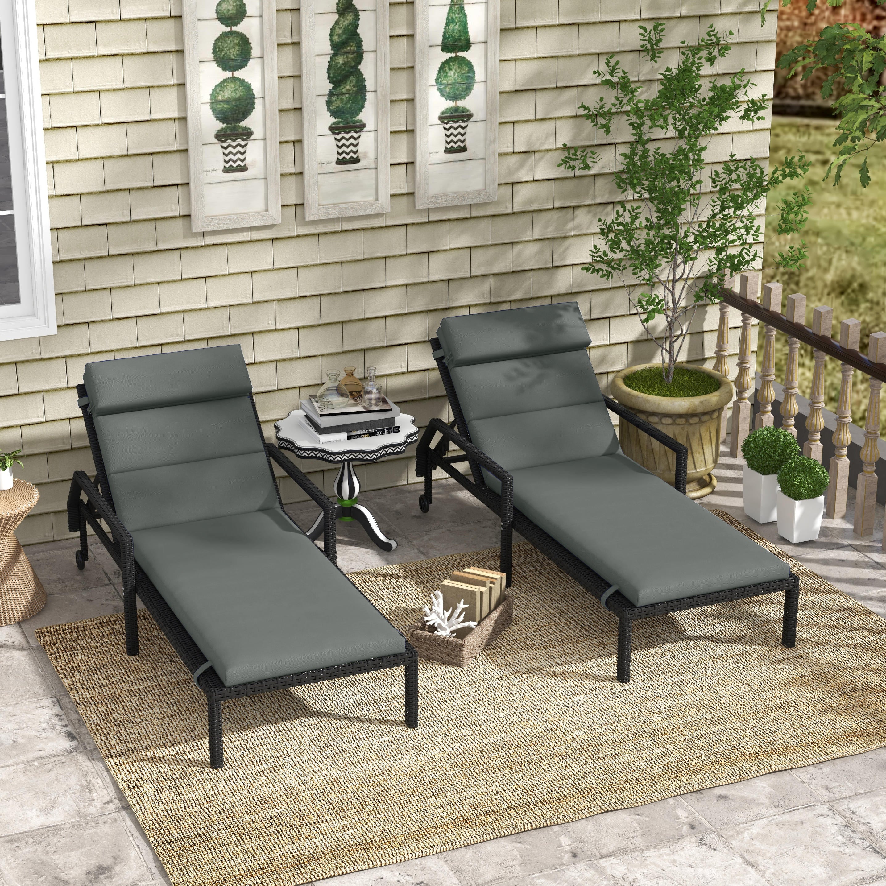 2PC Patio Chaise Lounge Chair Cushions Replacement Lounger Pads w/Headrest & Ties, Grey - Image 3