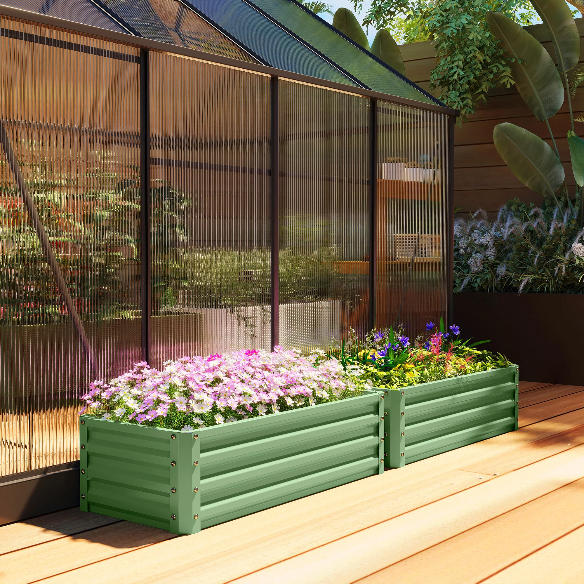 Set of 2 Raised Garden Bed, Outdoor Planter Box with Galvanised Steel Frame for Growing Vegetables, Flowers and Herbs, 110 x 50 x 30cm, Light Green - Image 10