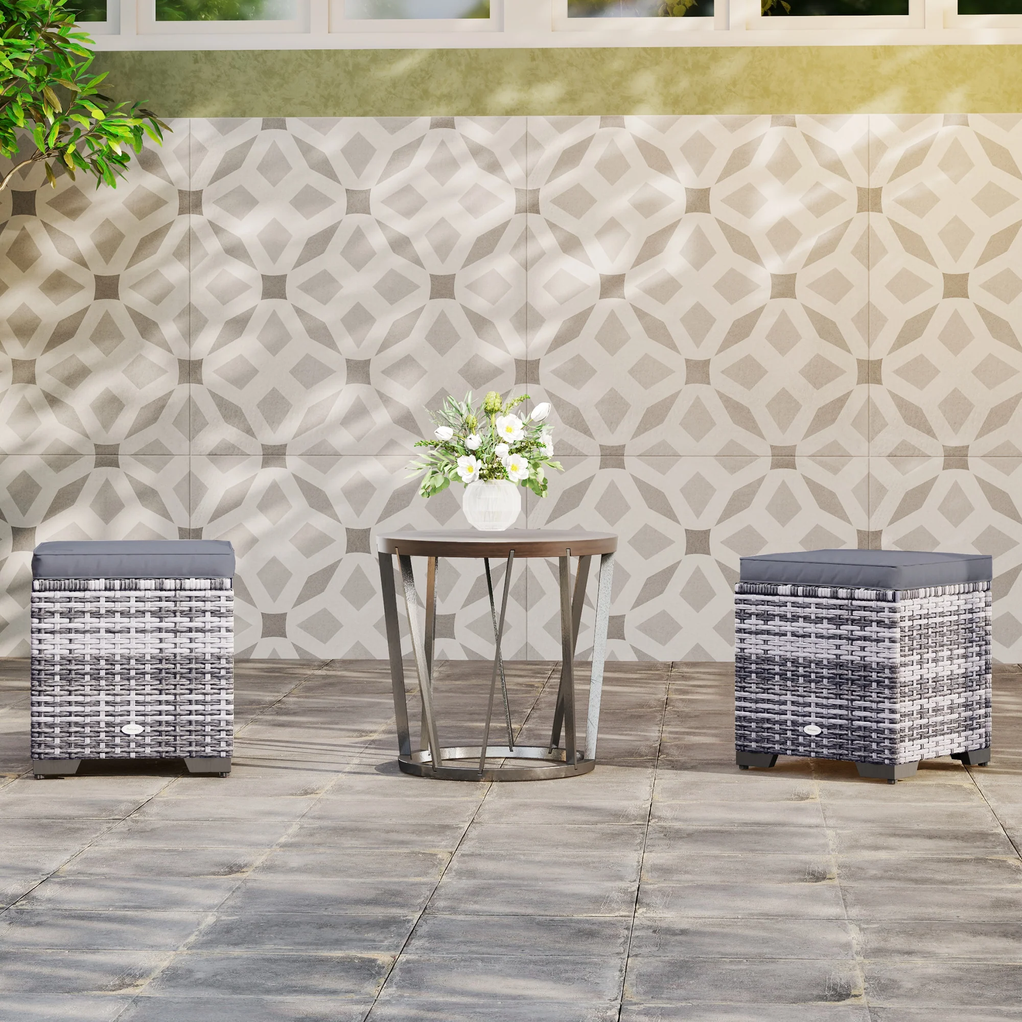 Set of 2 Rattan Storage Ottomans with Removable Cushions for Balcony, Living Room, Dark Grey - Image 4