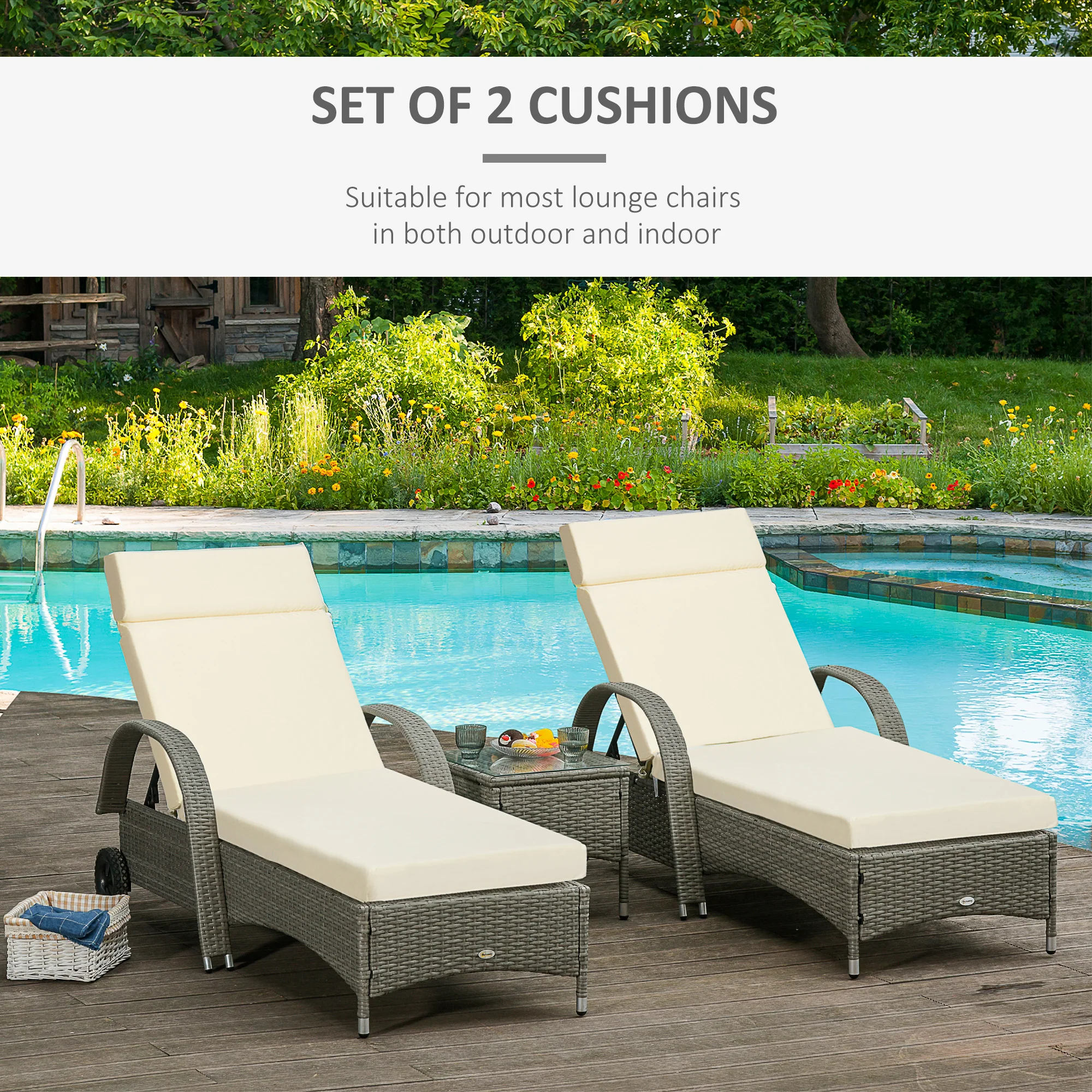 2 Piece Sun Lounger Replacement Cushions w/ Ties for Rattan Furniture, 196 x 55 cm, Cream White - Image 6