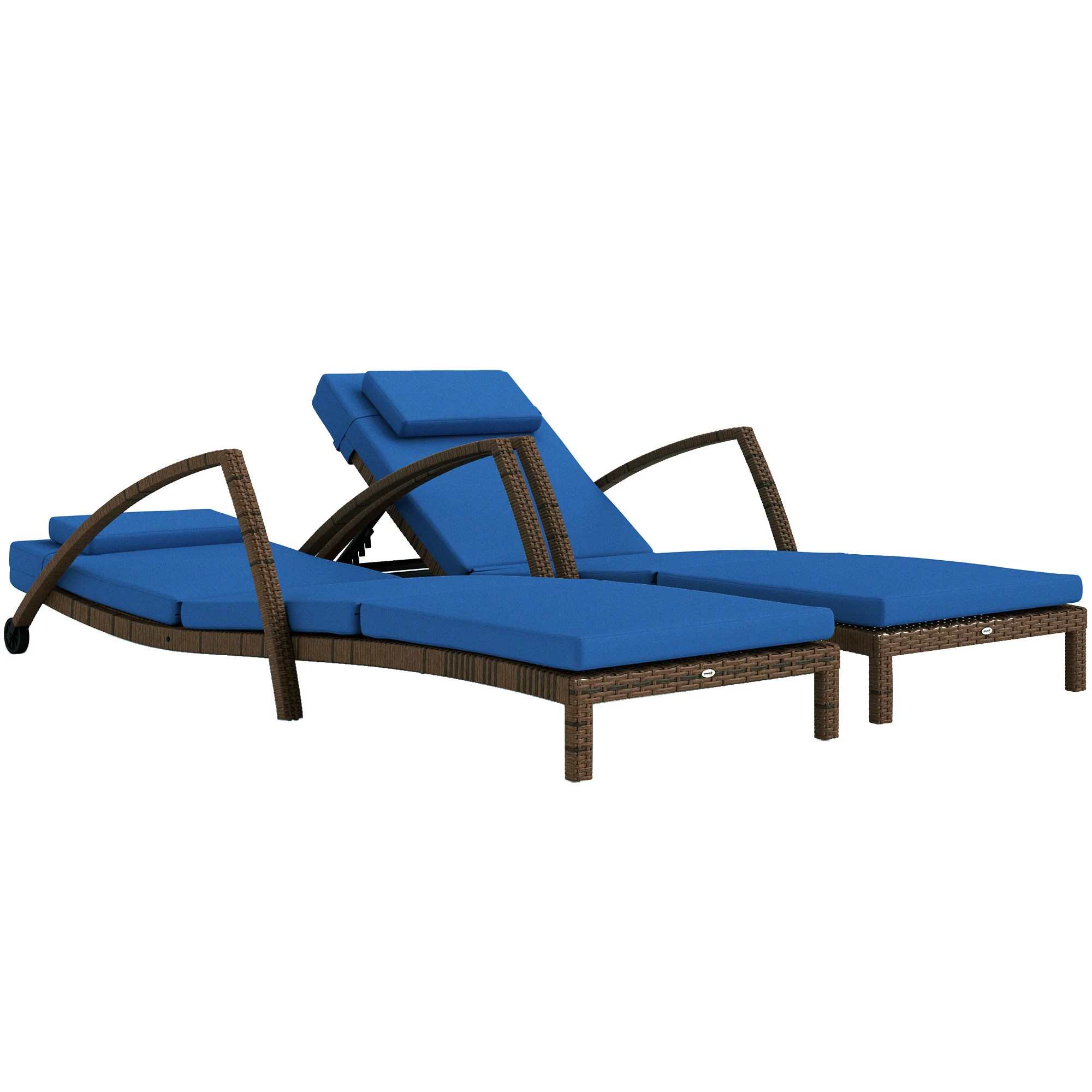 Set of 2 Wicker Chaise Lounger with 5 Adjustable Back, Wheels, Cushion & Armrests, Blue - Image 12
