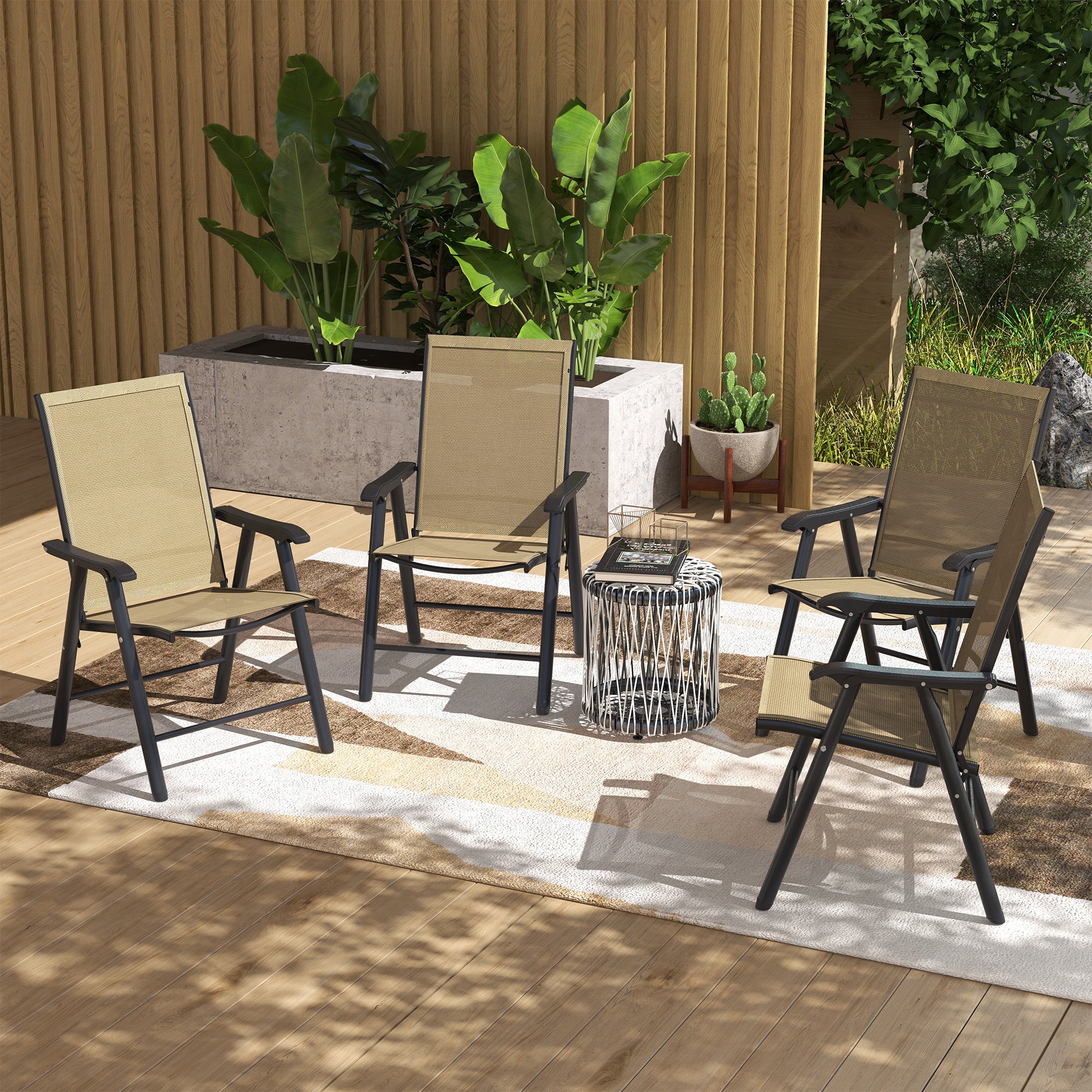 Set of 4 Metal Frame Folding Garden Chairs with Breathable Mesh Seat, Light Brown - Image 4