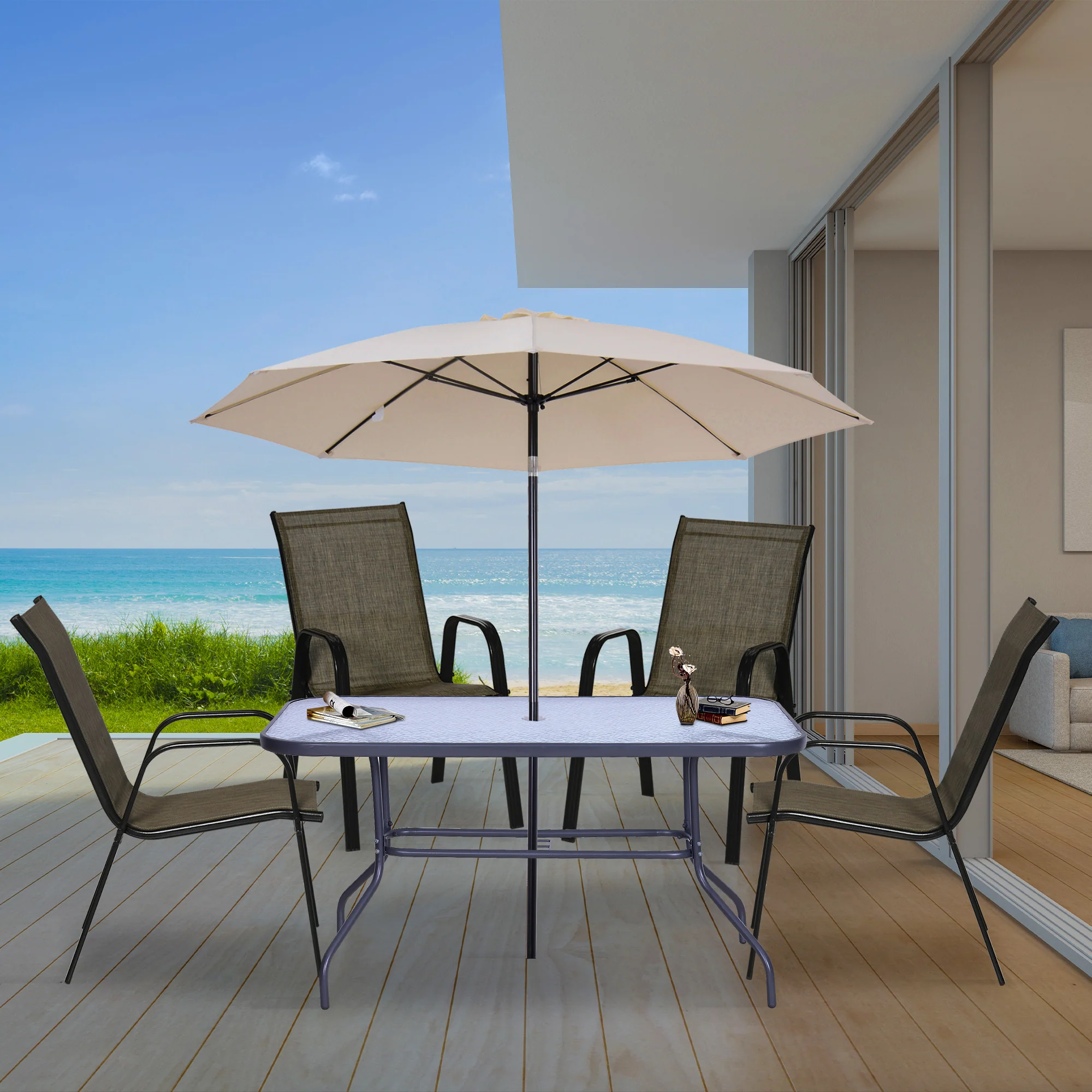 Set of 4 Outdoor Dining Chairs, Heavy Duty Stackable Patio Dining Set with Armrests, Brown - Image 4