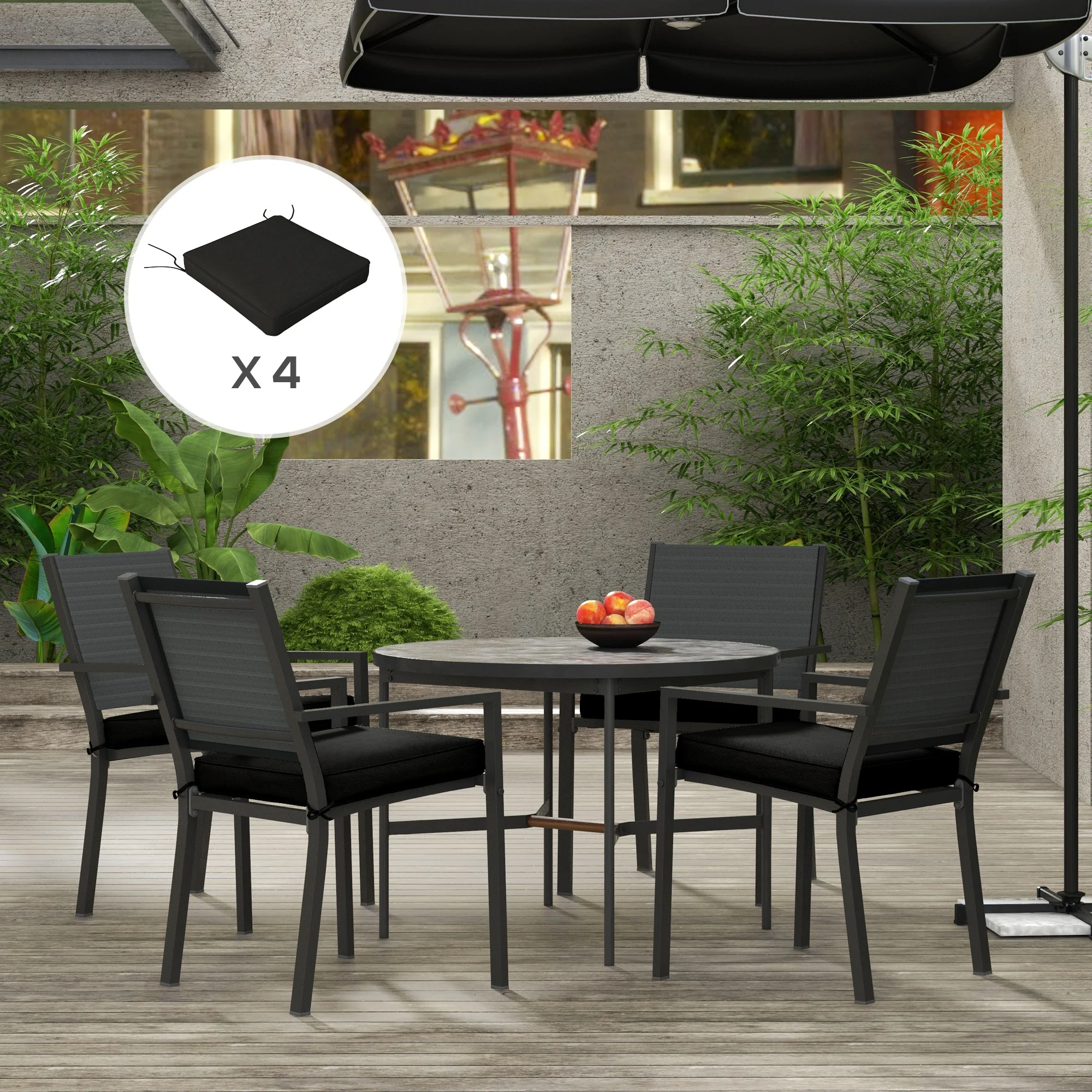 4 Piece Outdoor Seat Cushions with Ties, Water Repellent Chairs Seat Pads, Black - Image 4
