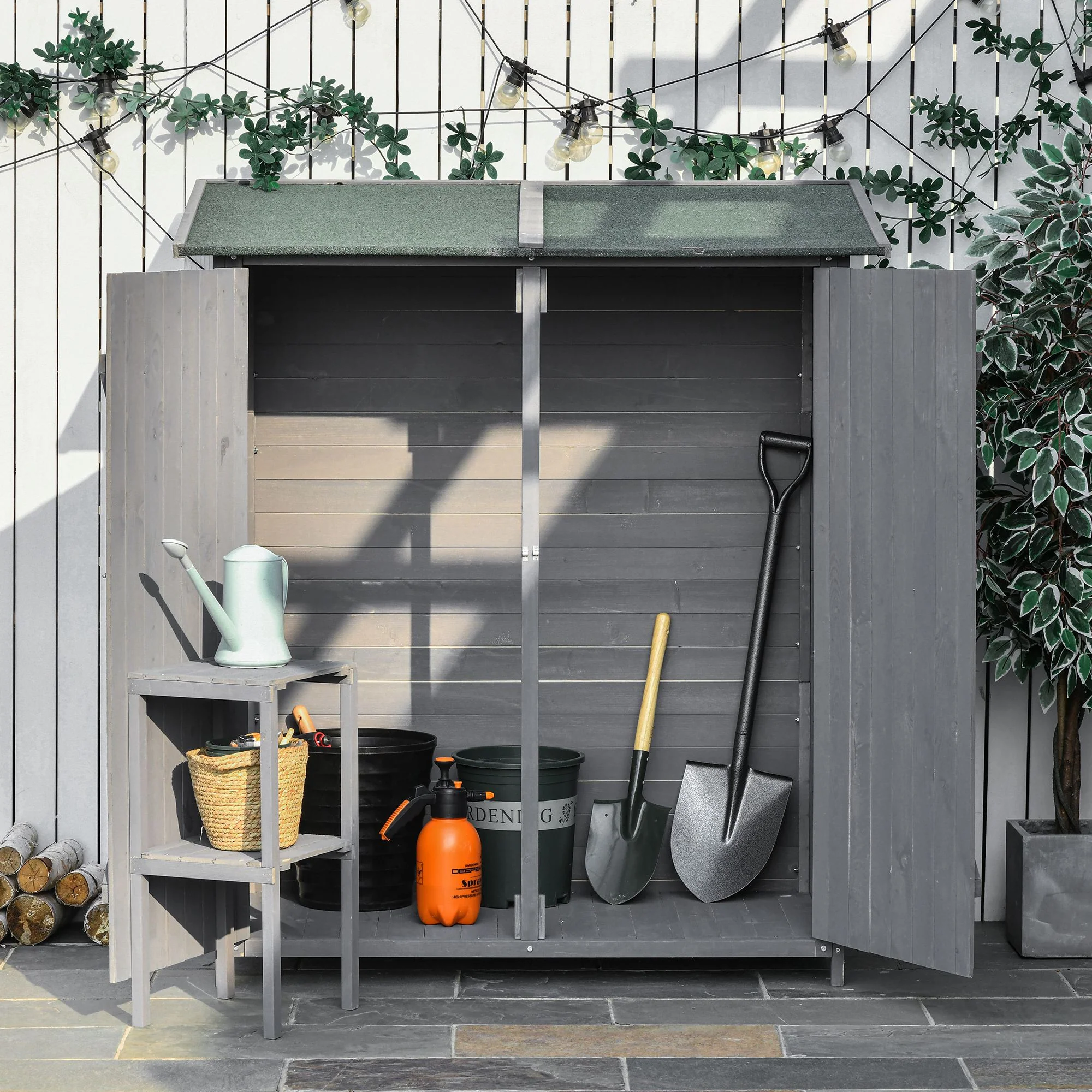 Small Wooden Tool Shed w/ Flexible Table, Asphalt Roof, Hooks & Ground Nails, 140x75x157cm, Grey - Image 4